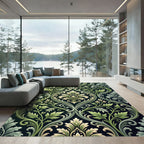 Emerald Olive Damask Foliage Scroll Rug