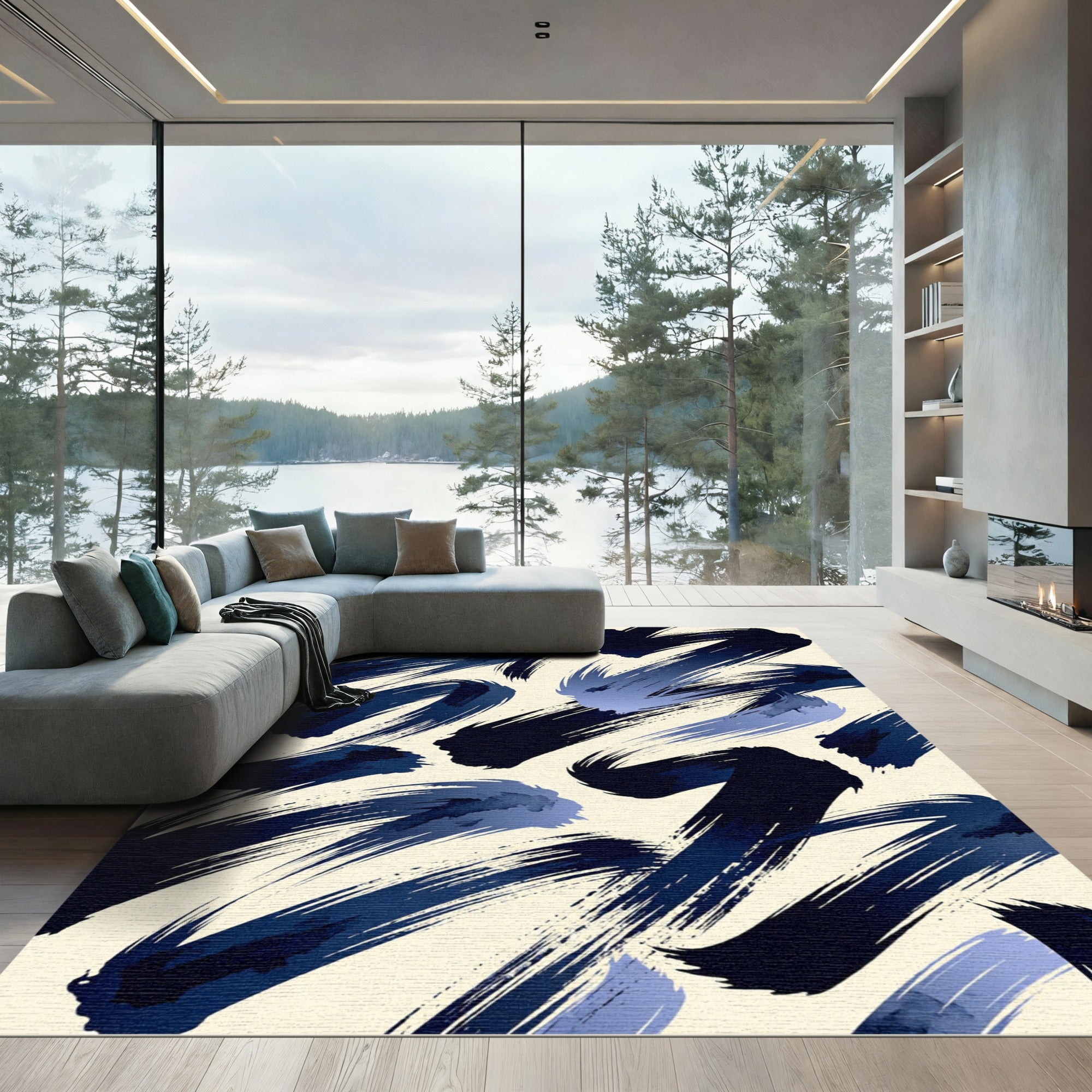 Deep Blue Ink Brush Strokes Rug