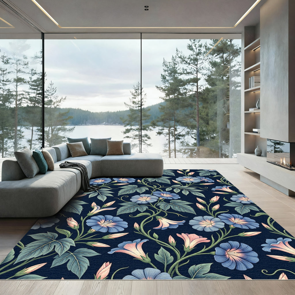 Navy Blue Botanical Morning Glory Floral Rug