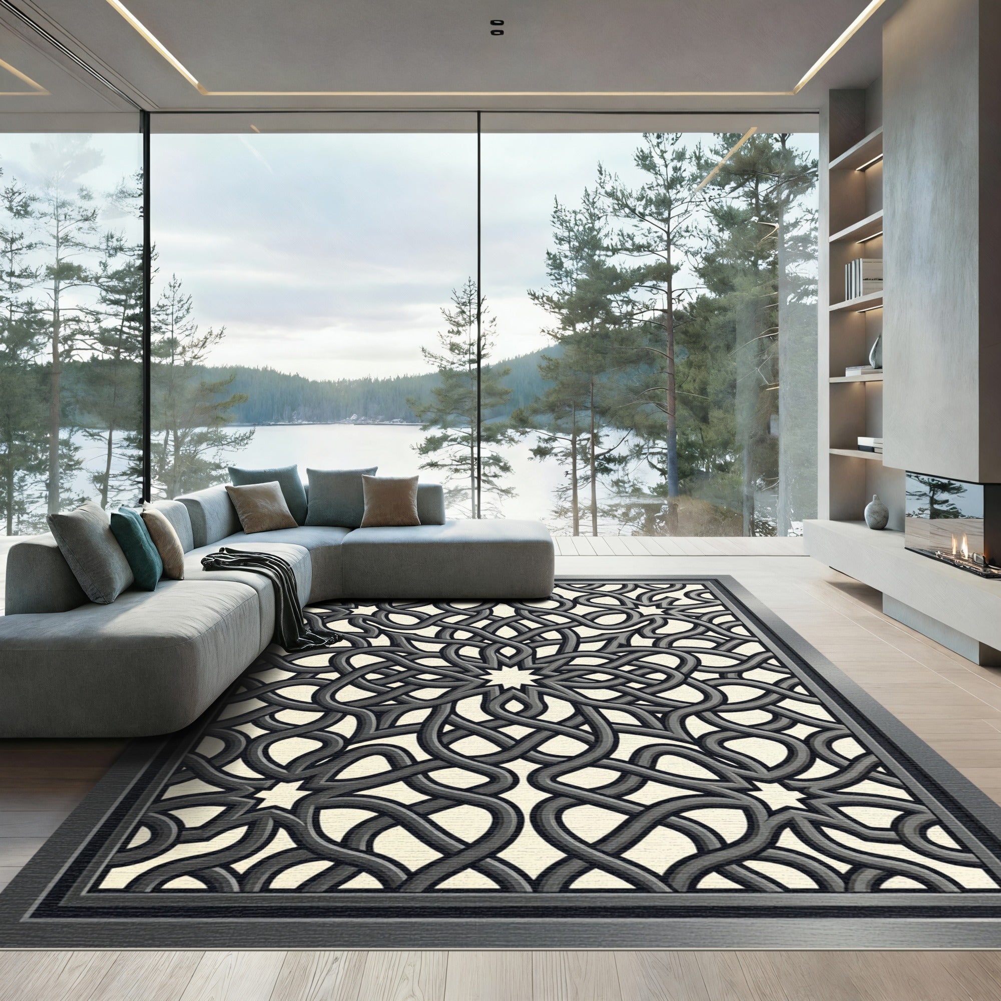 Elegant Gray Interlocking Knot Medallion Rug