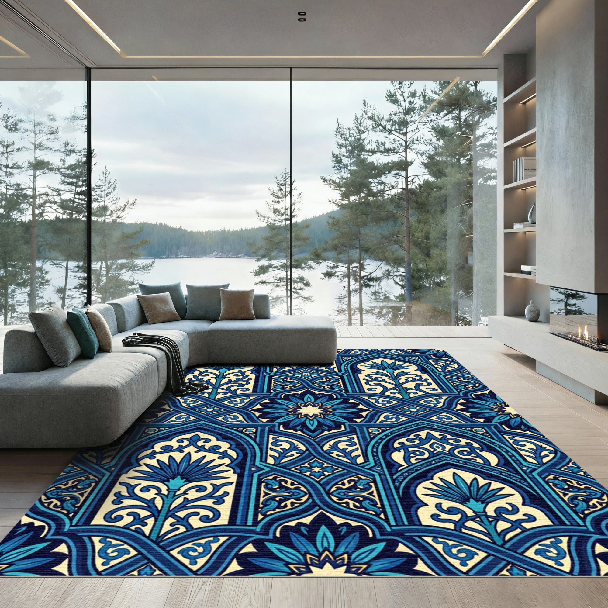 Deep Blue Intricate Floral Arch Rug