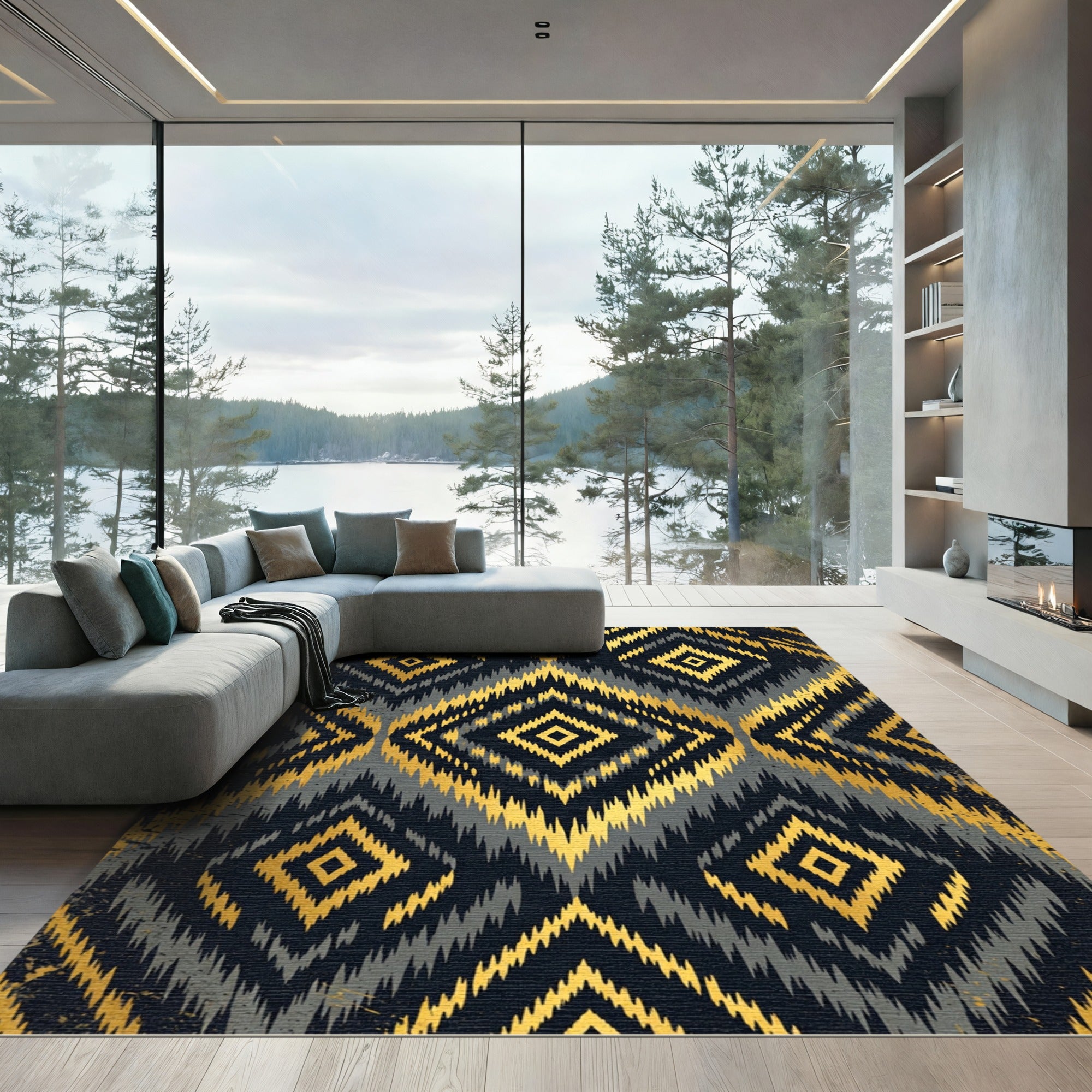 Luxurious Gold and Charcoal Geometric Diamond Rug