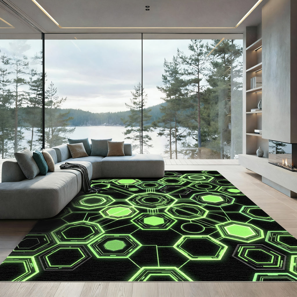 Neon Green Cybernetic Geometric Hexagon Grid Rug