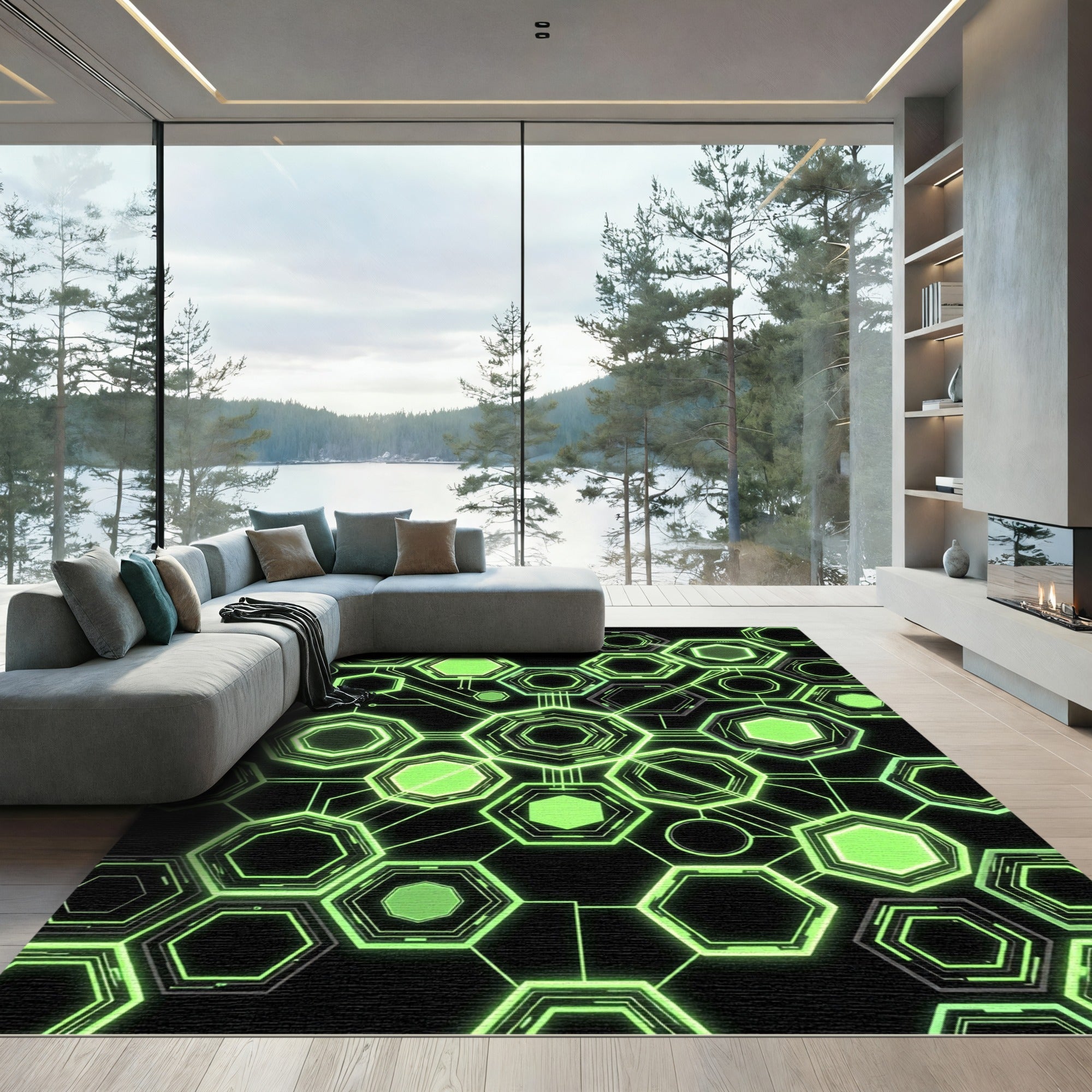 Neon Green Cybernetic Geometric Hexagon Grid Rug