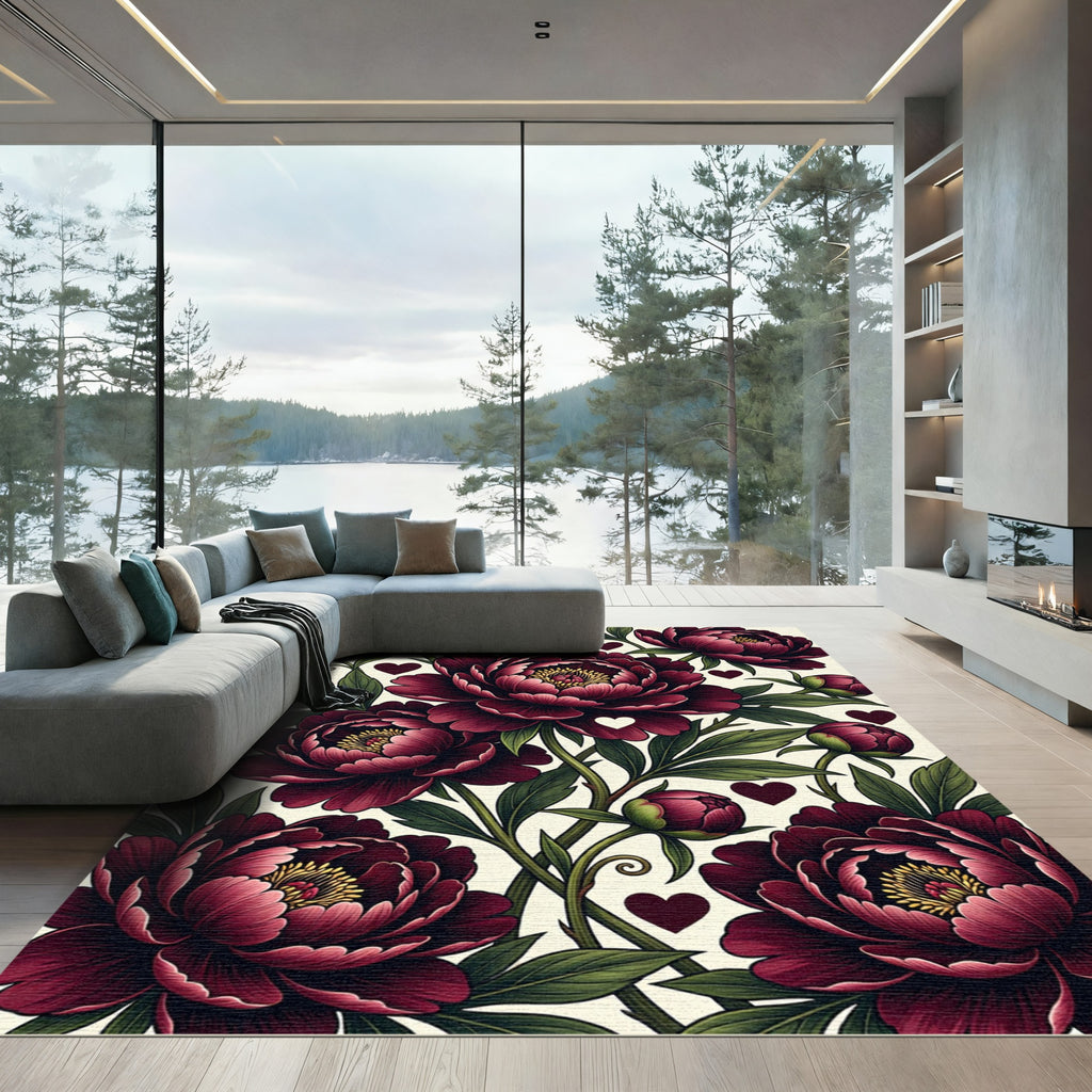 Rich Crimson Peony And Heart Bloom Rug