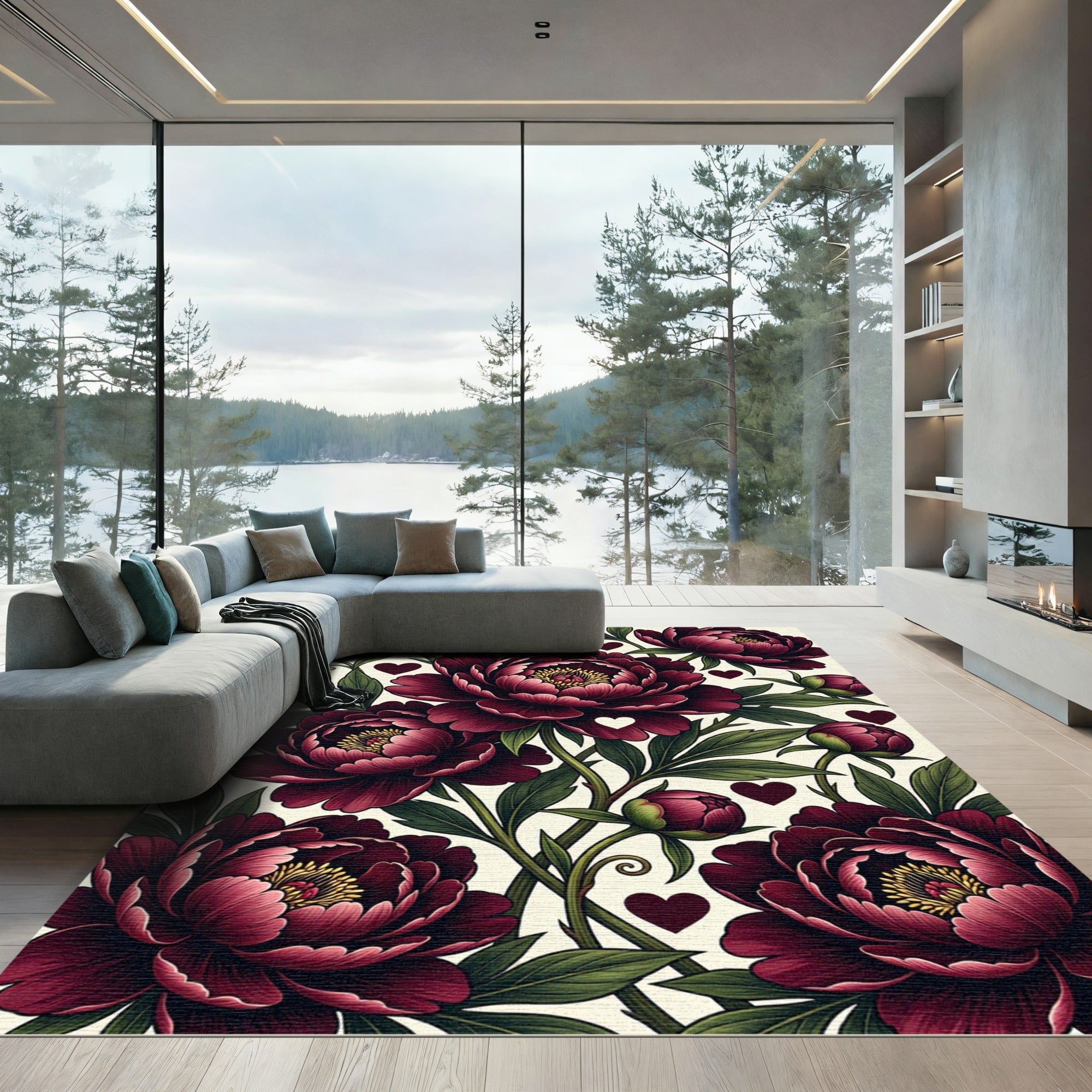 Rich Crimson Peony And Heart Bloom Rug