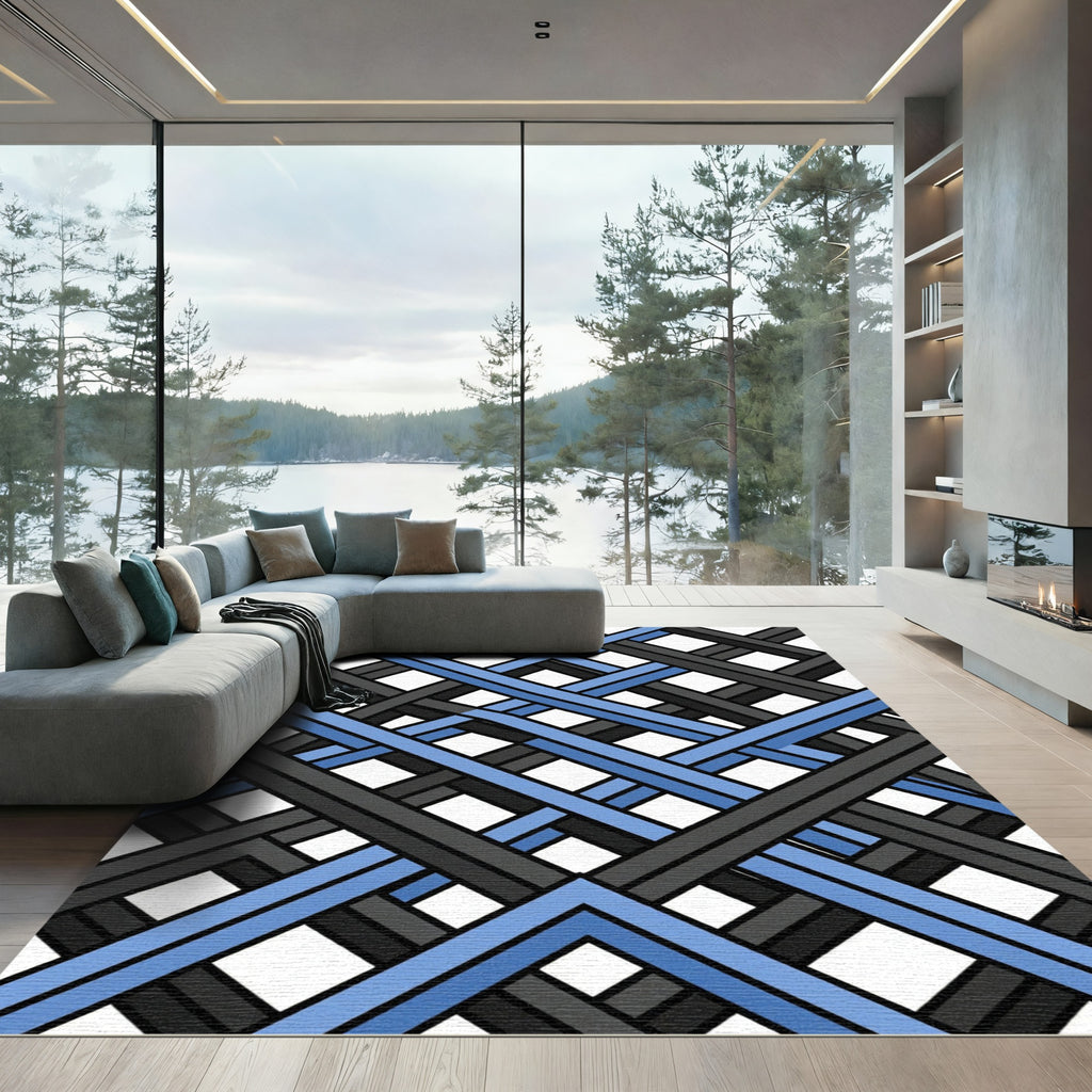 Modern Blue and Gray Interlocked Grid Rug