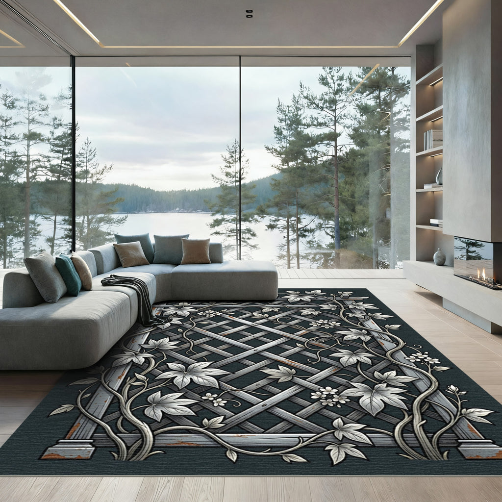 Gray Wood Lattice Floral Vine Rug