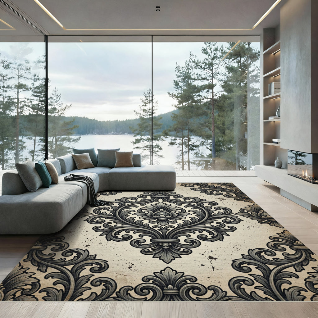 Ornate Charcoal Damask Scroll Filigree Rug