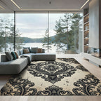 Ornate Charcoal Damask Scroll Filigree Rug