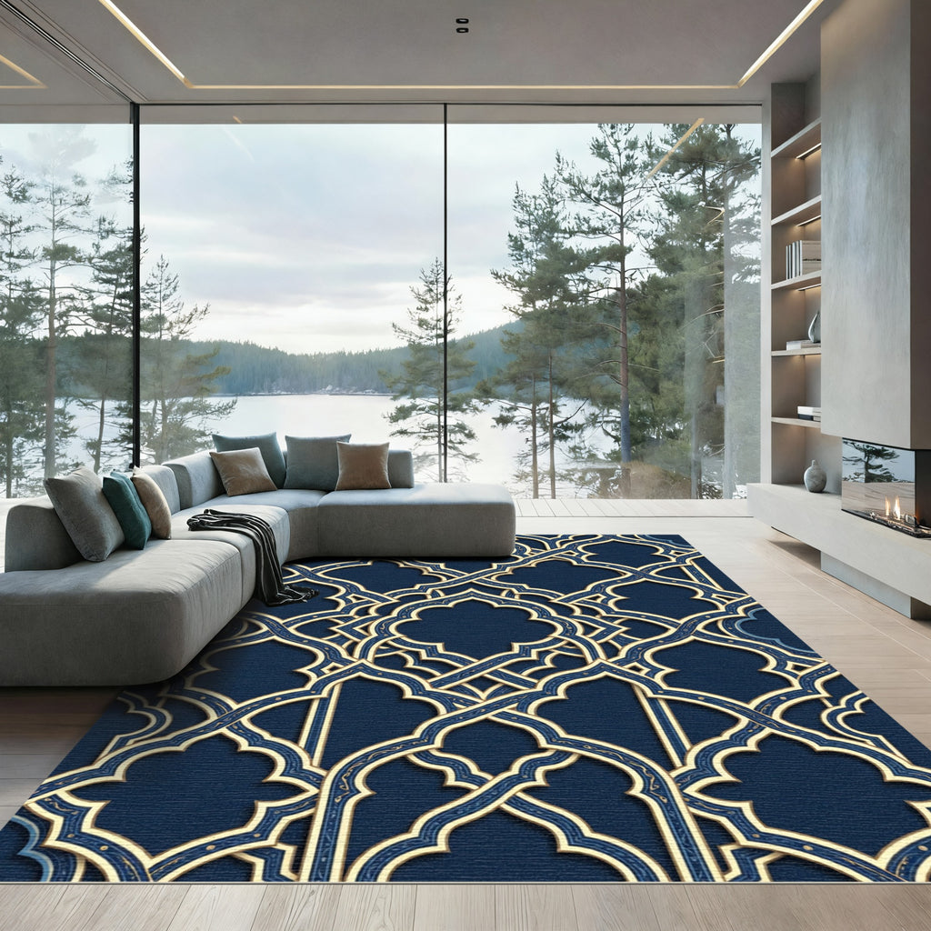 Elegant Navy Gold Interlocking Lattice Rug