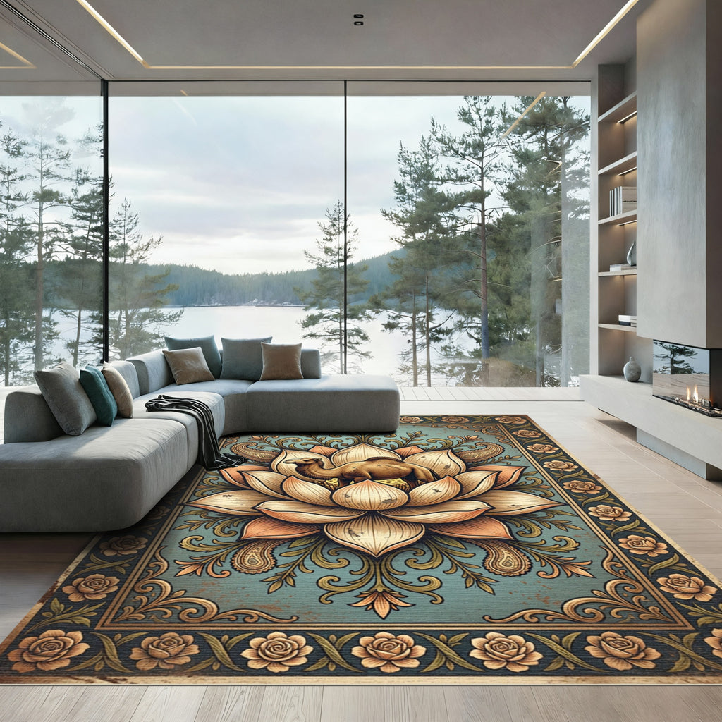 Vintage Camel Lotus Flower Tapestry Rug