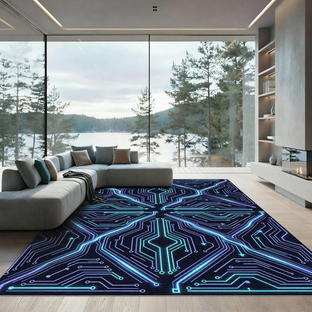Electric Neon Circuitry Geometric Grid Rug