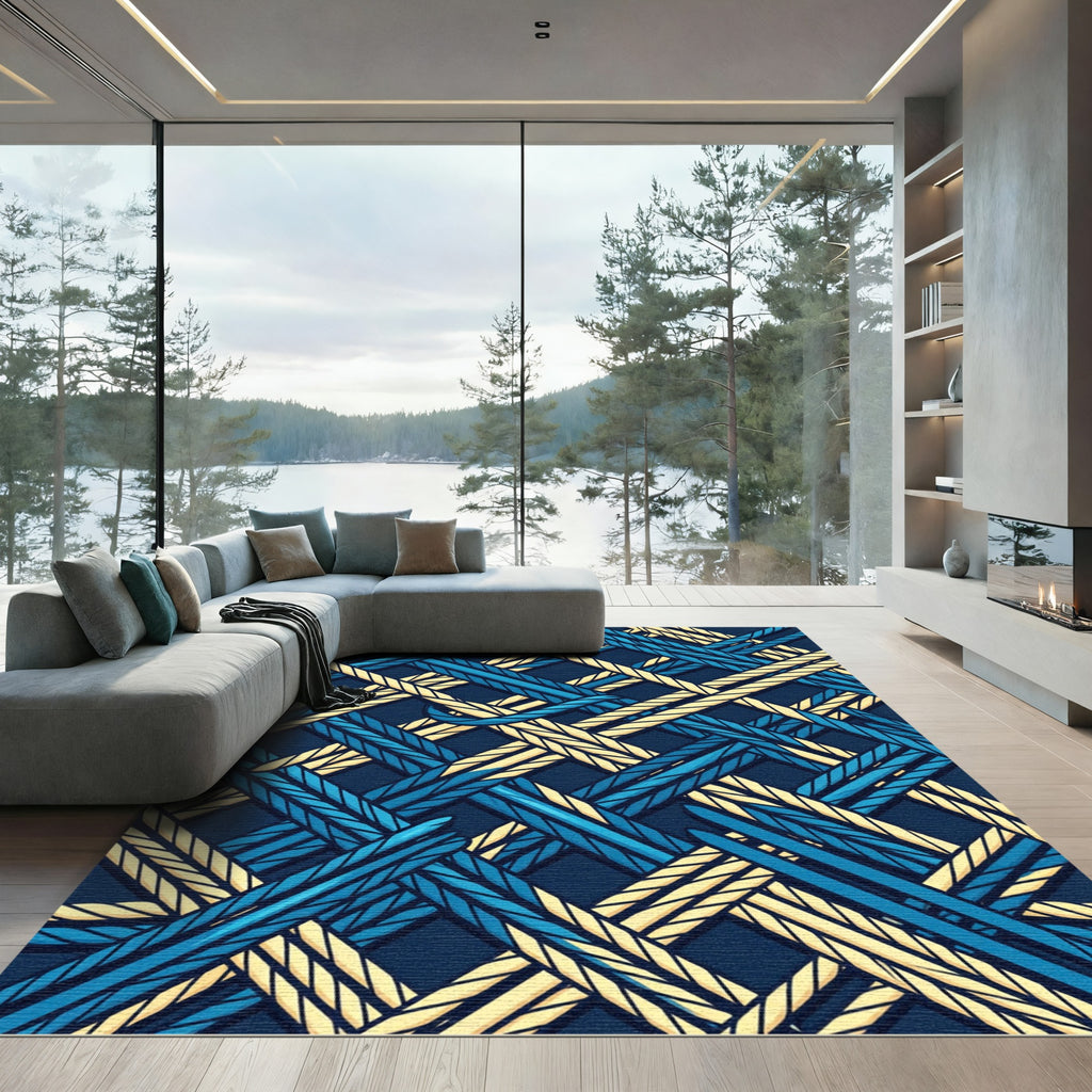 Woven Navy and Cream Diagonal Stripe Rug