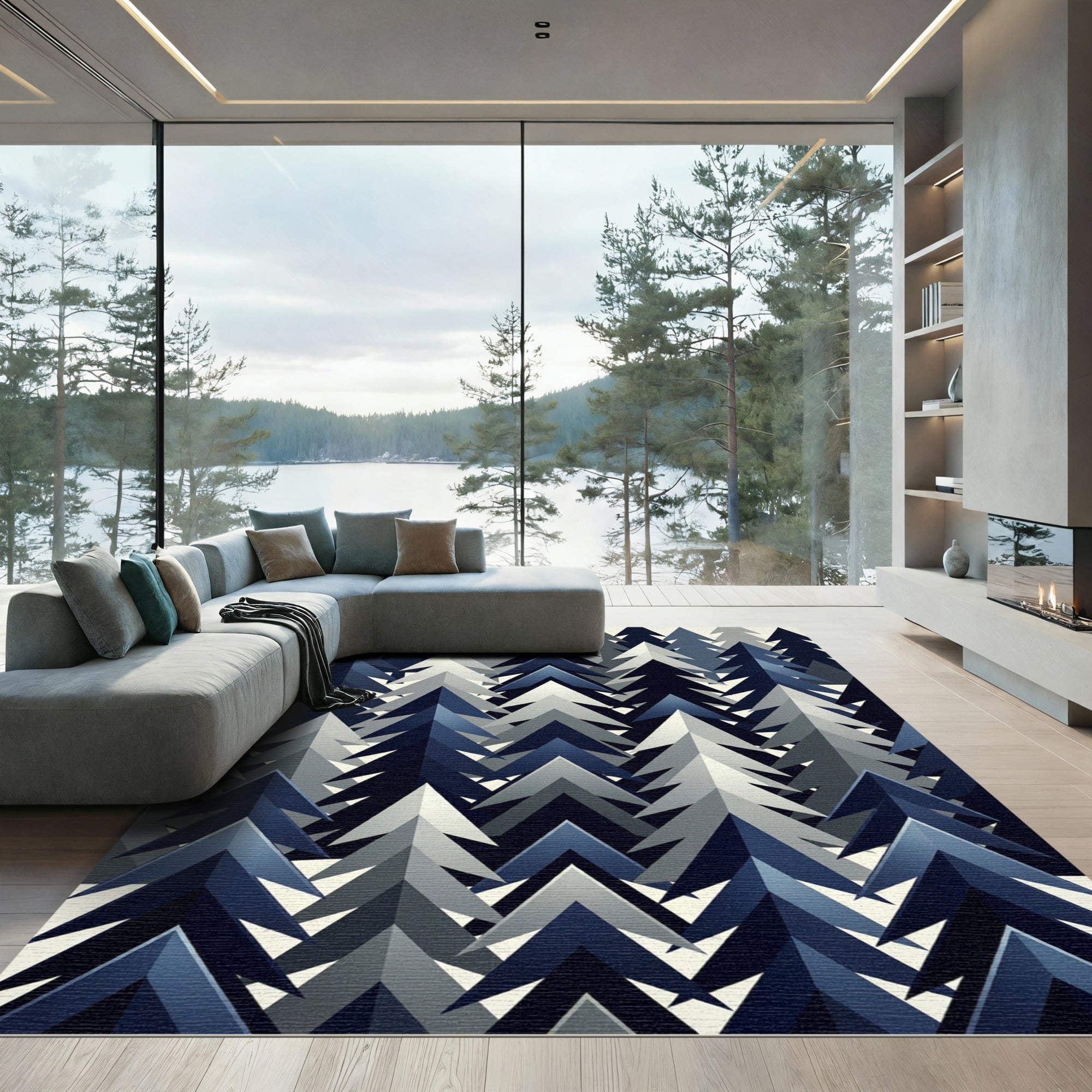 Modern Navy Blue Geometric Forest Rug