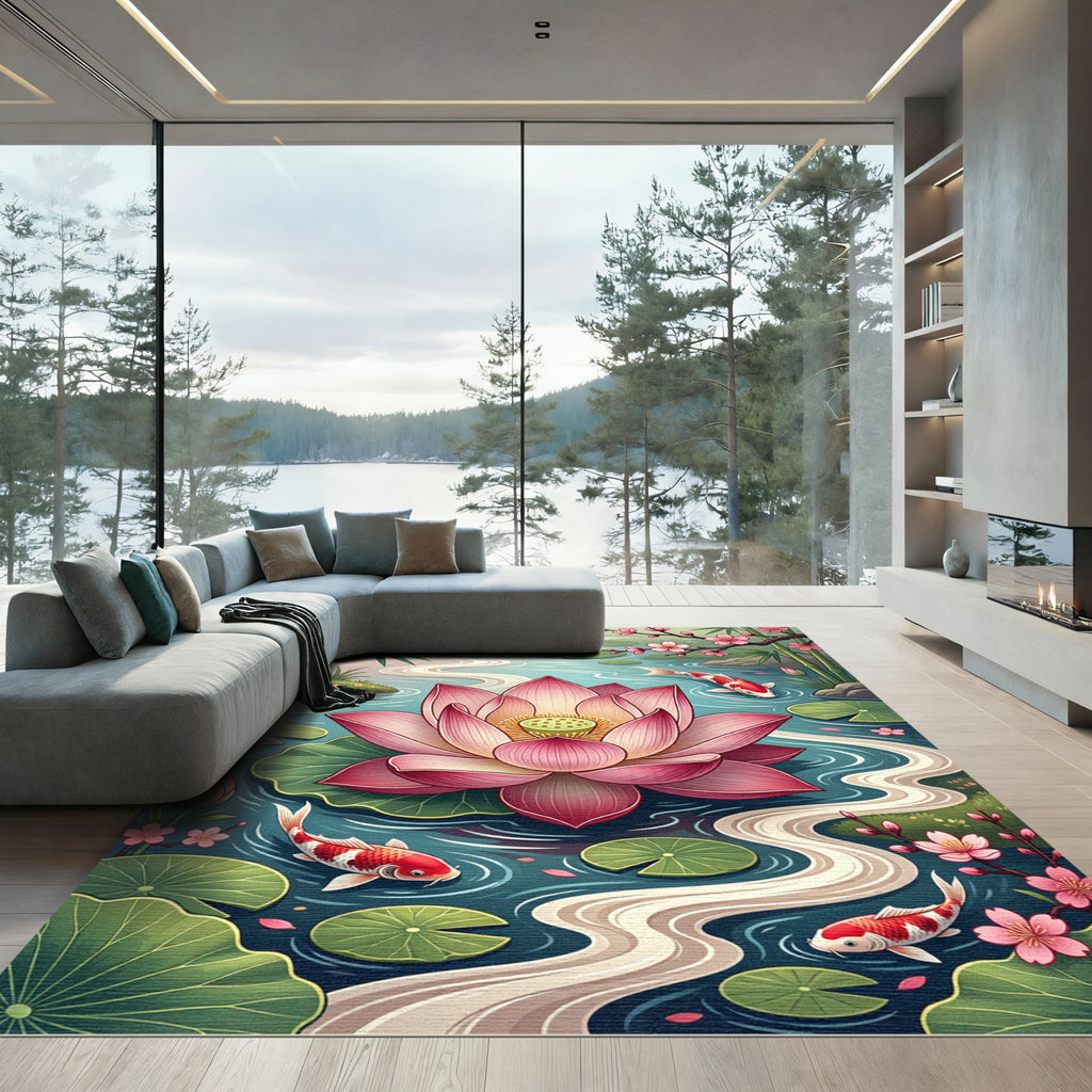 Pink Lotus Koi Pond Serene Scene Rug