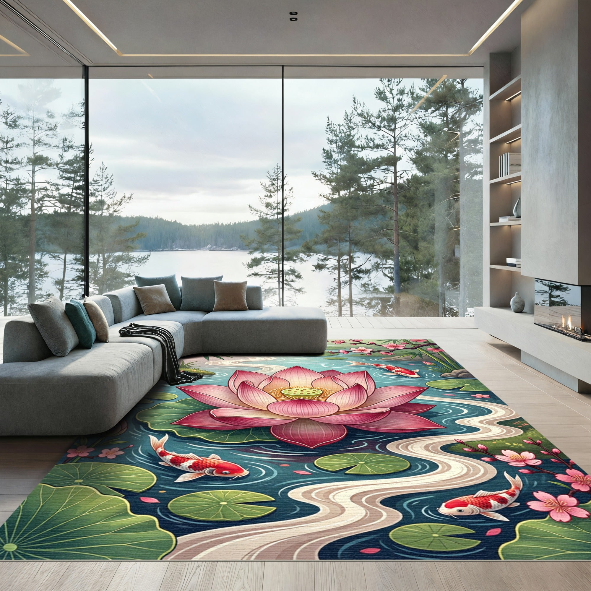 Pink Lotus Koi Pond Serene Scene Rug