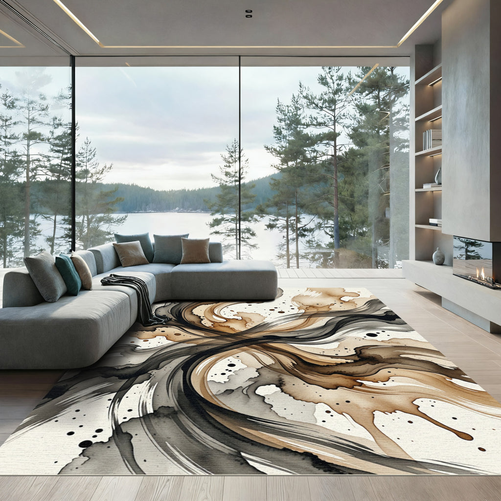 Earthy Swirling Watercolor Ink Wash Rug