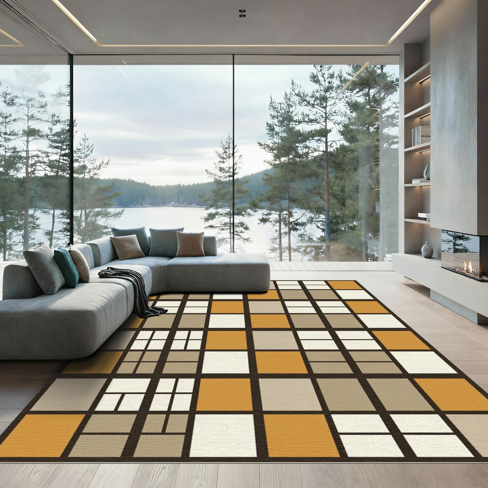 Midcentury Golden Ochre Grid Block Rug
