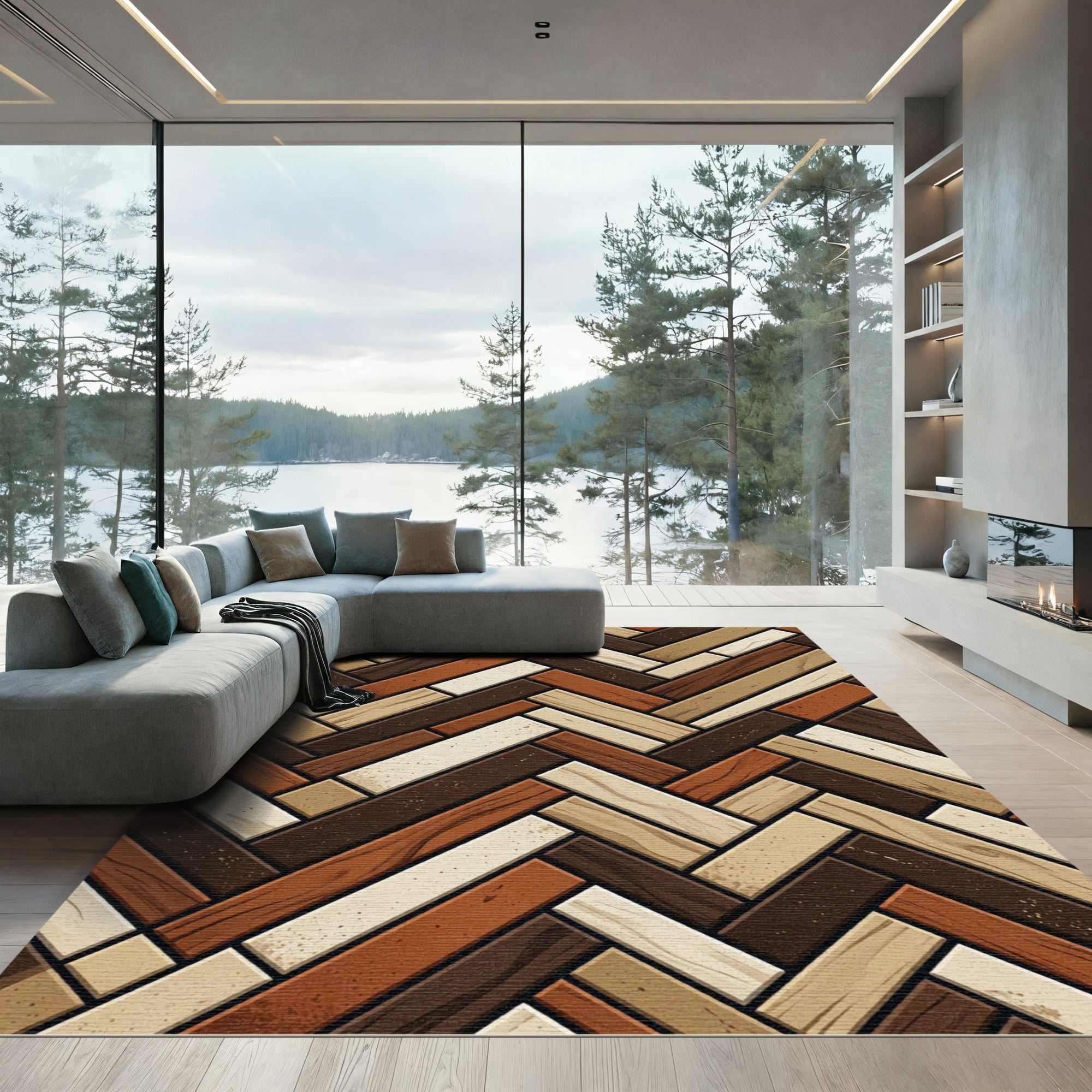 Earthy Toned Wood Plank Herringbone Rug