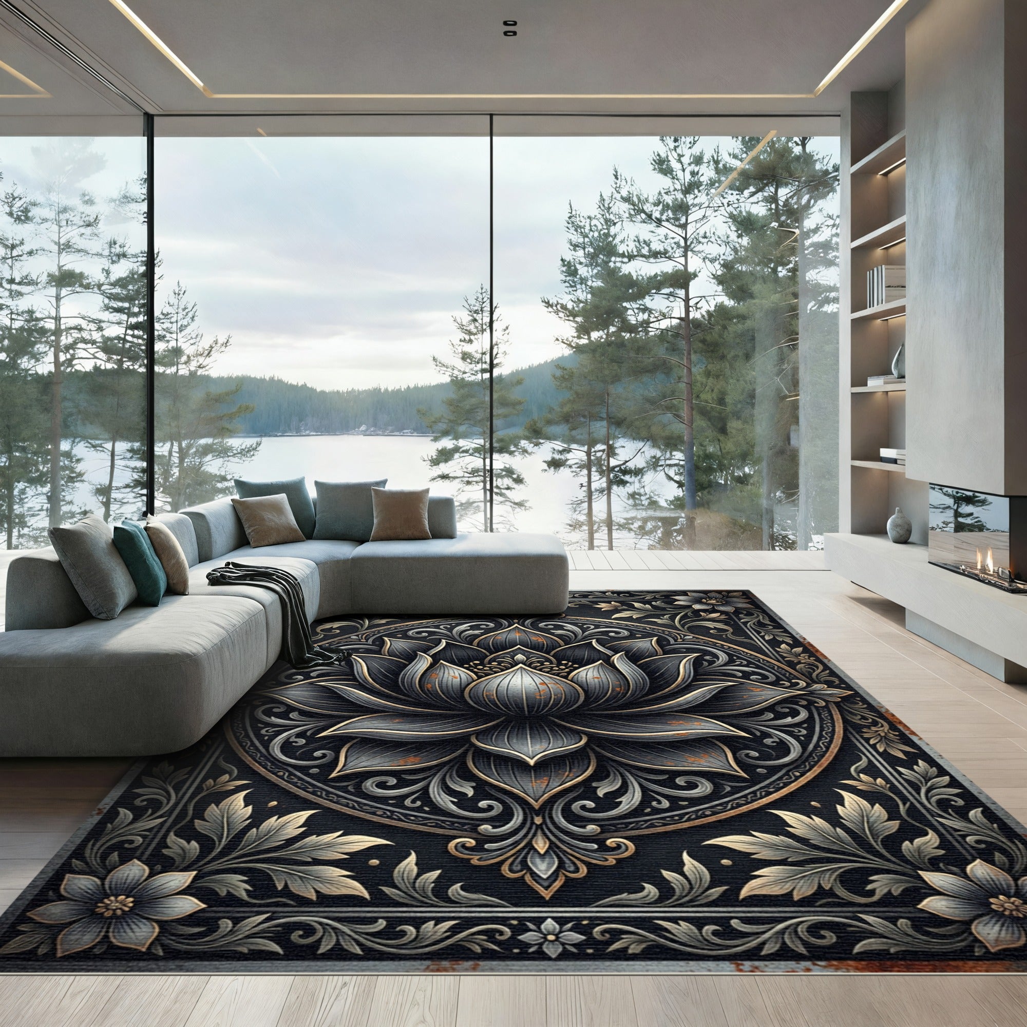 Ornate Metallic Charcoal Lotus Medallion Rug