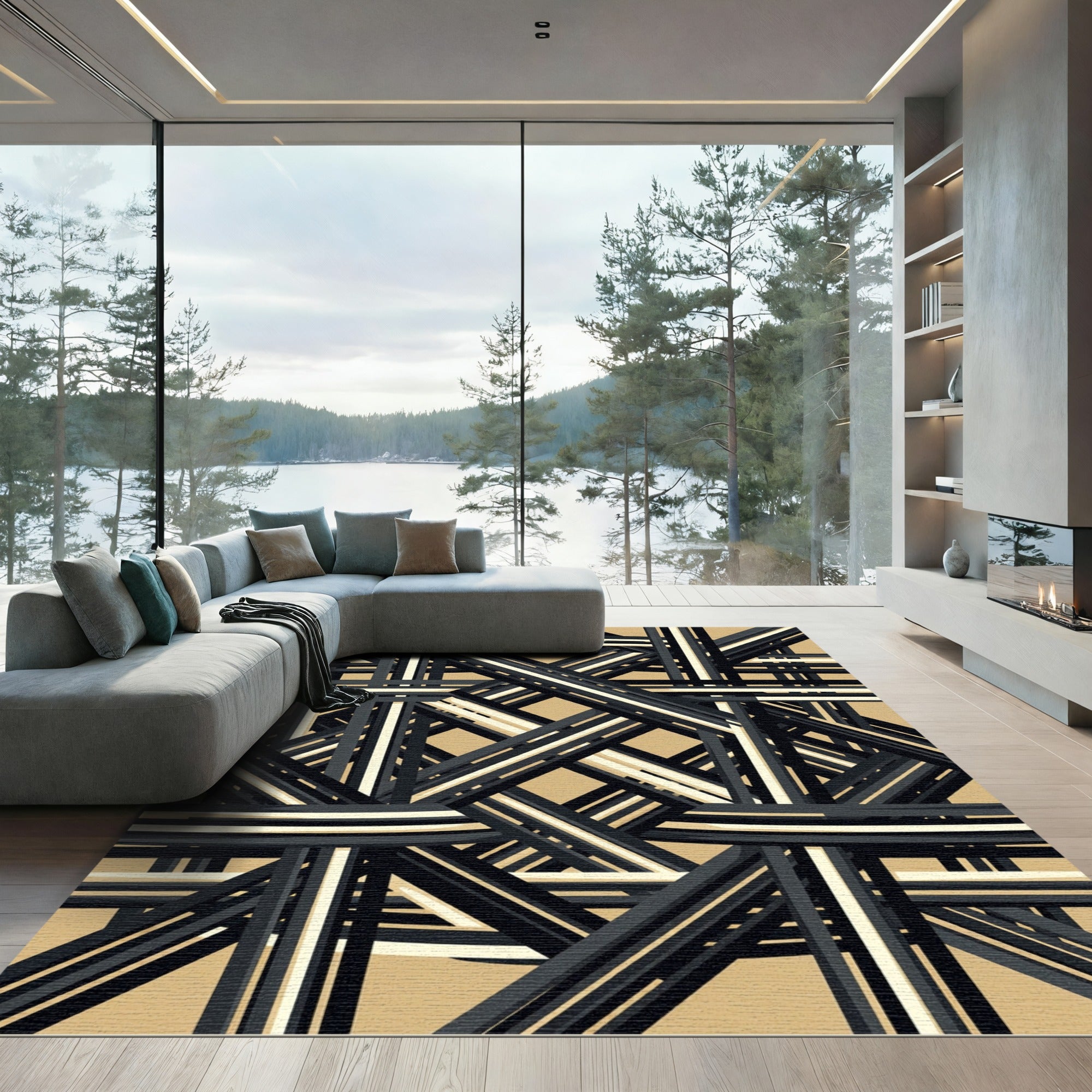Modern Neutral Geometric Intersecting Line Rug