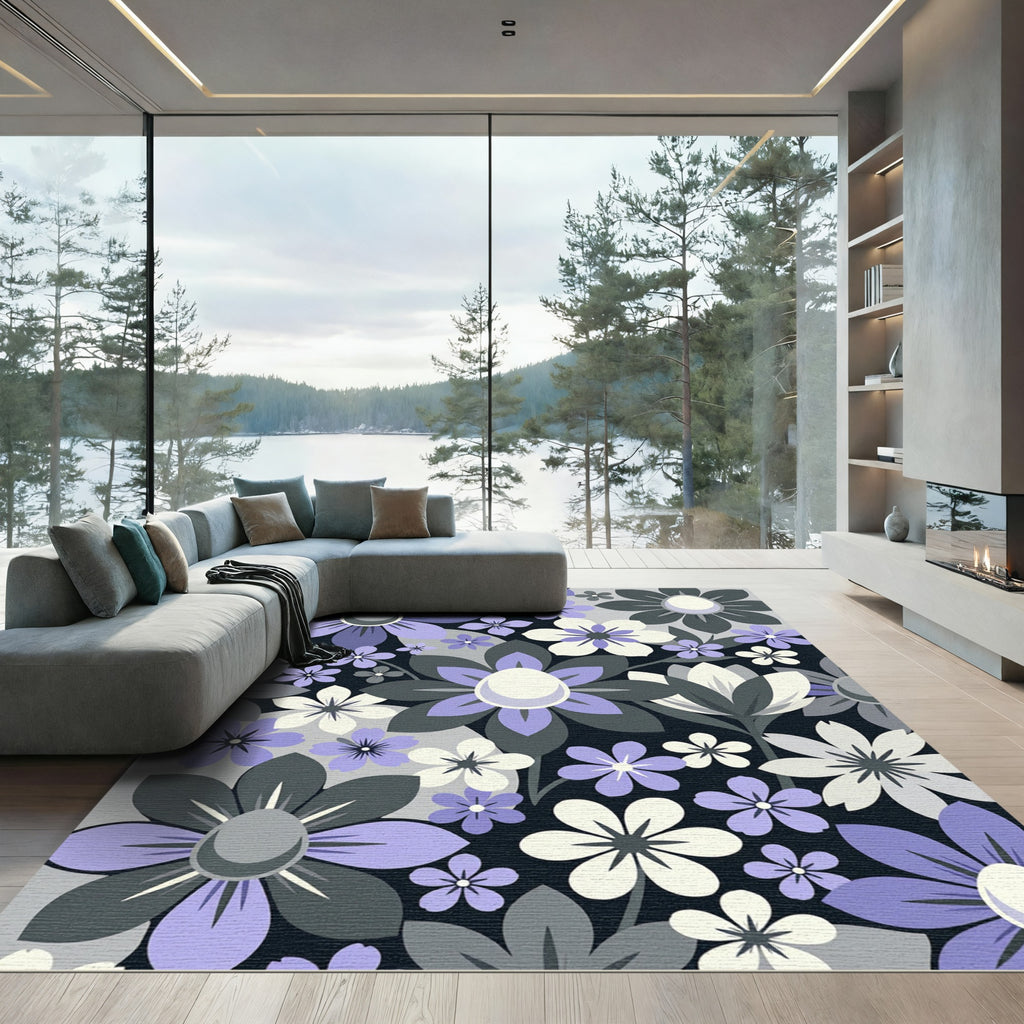 Modern Lavender and Slate Floral Art Rug