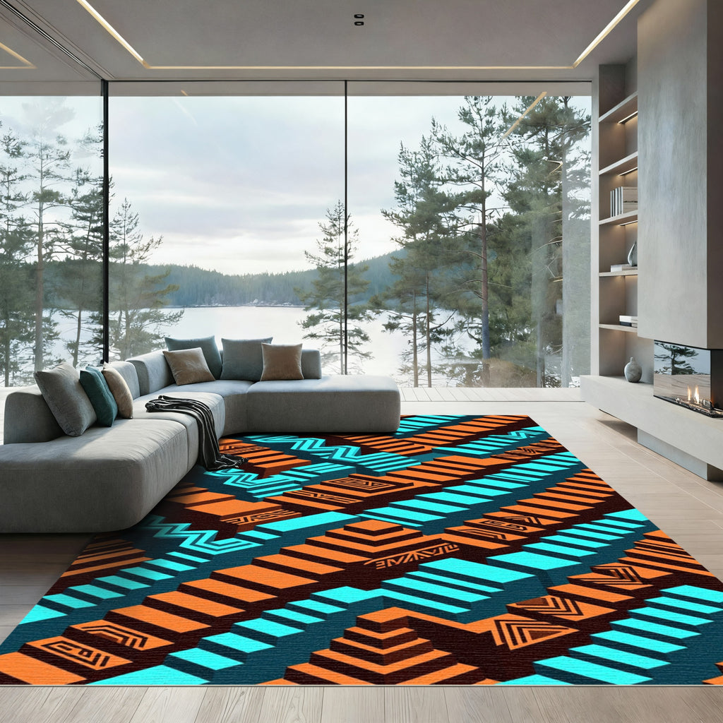 Geometric Turquoise and Orange Step Illusion Rug