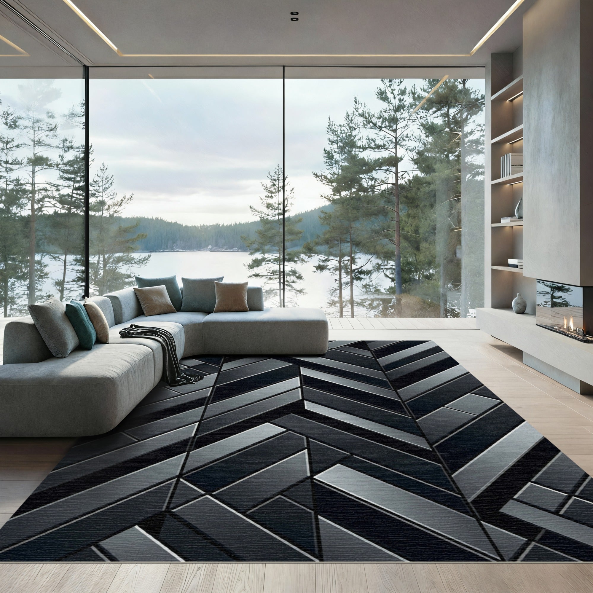Dark Gray Geometric Interlocking Chevron Rug
