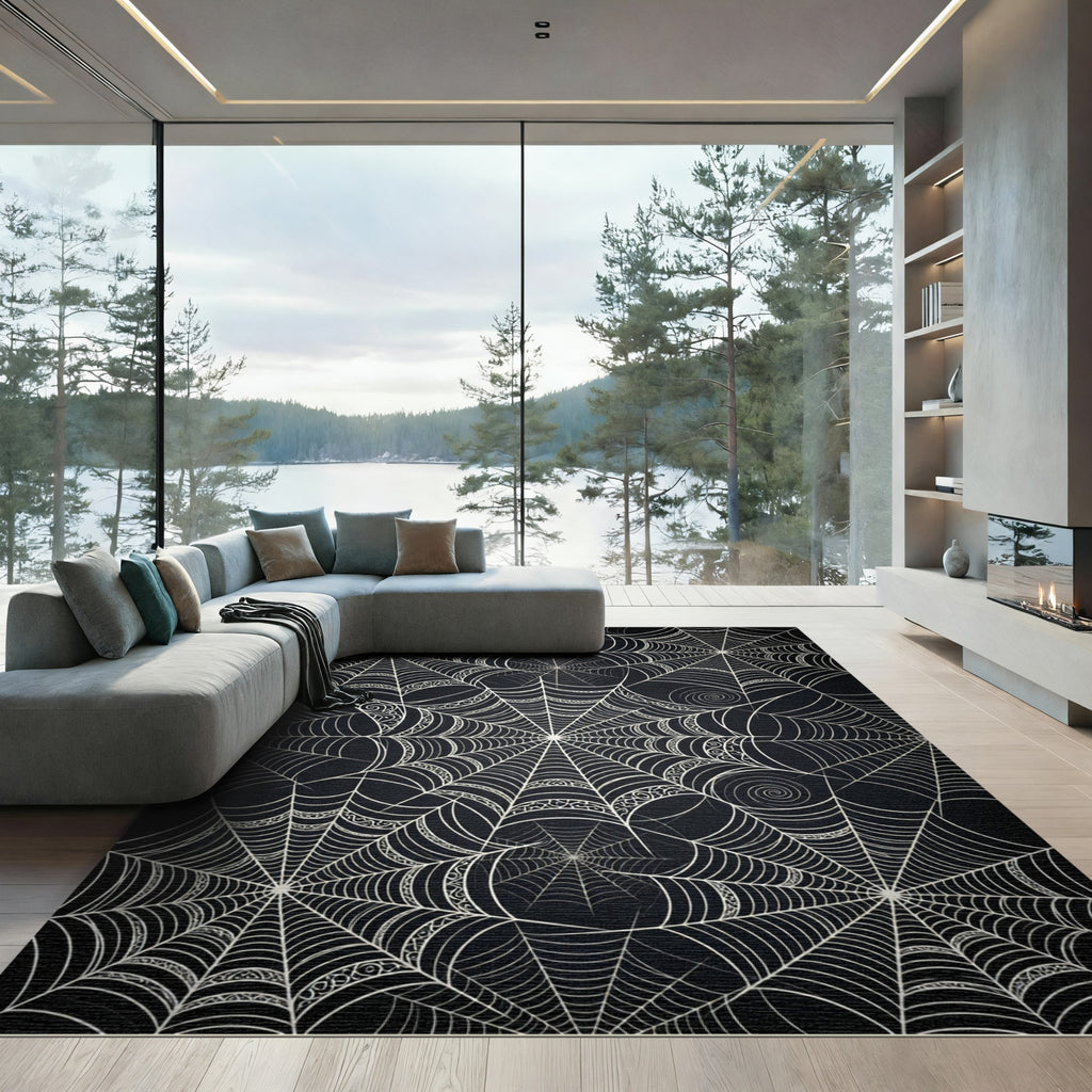 Black White Spiderweb Intricate Web Rug
