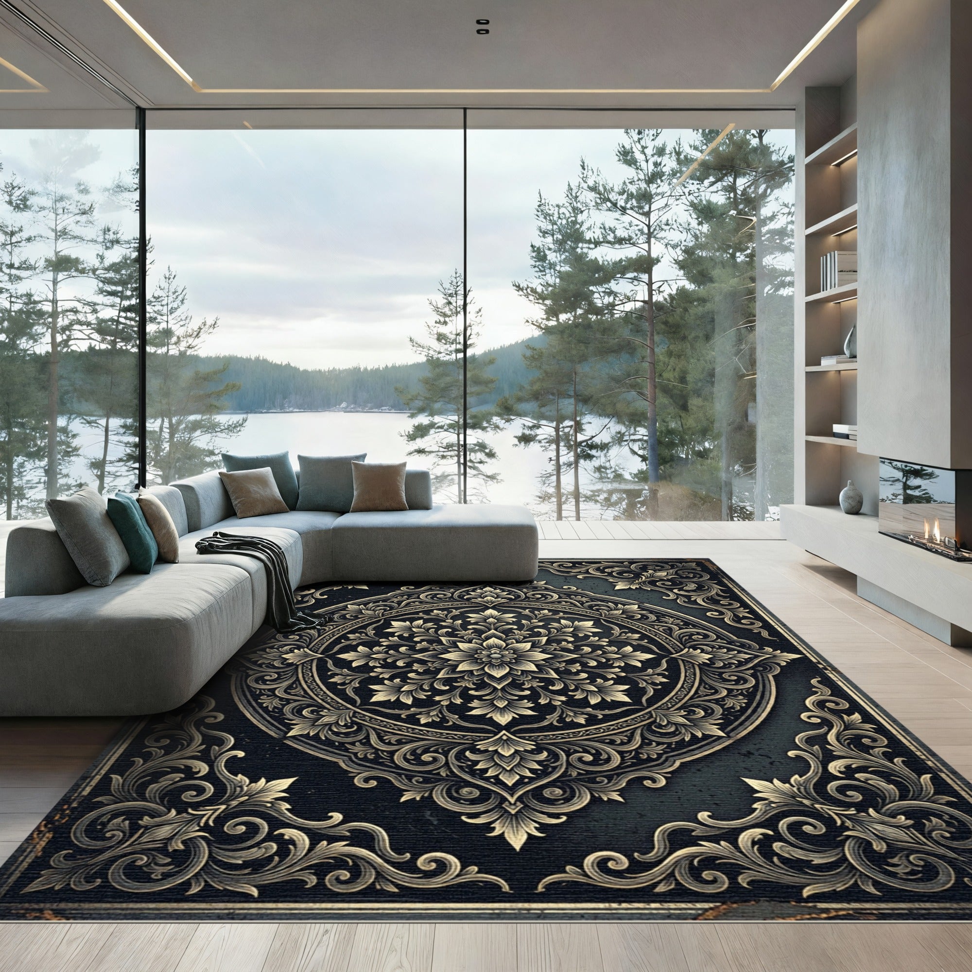 Ornate Gold Floral Black Medallion Rug