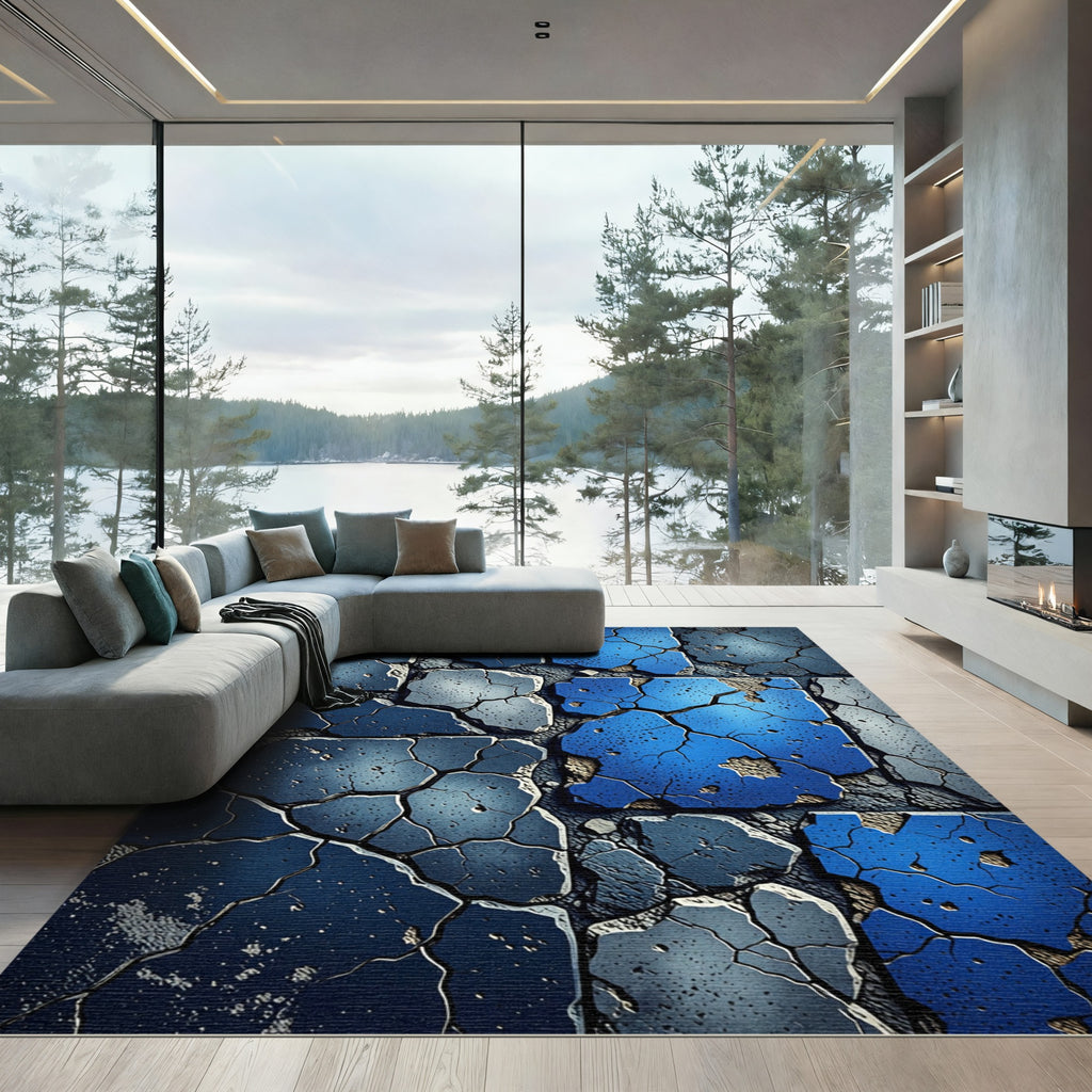 Cracked Blue Gray Stone Fragments Rug