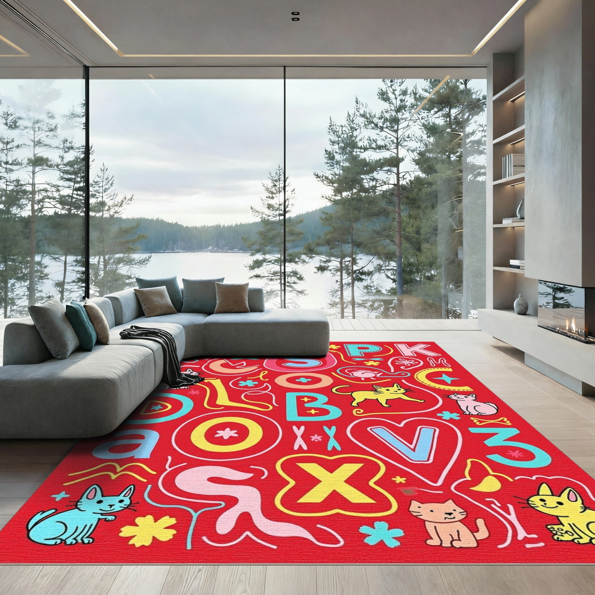 Cute Colorful Cat Alphabet Art Rug