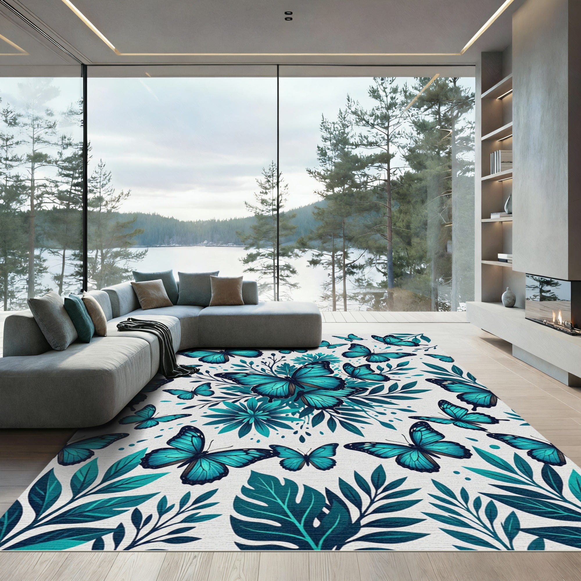 Vibrant Teal Butterfly Botanical Garden Rug