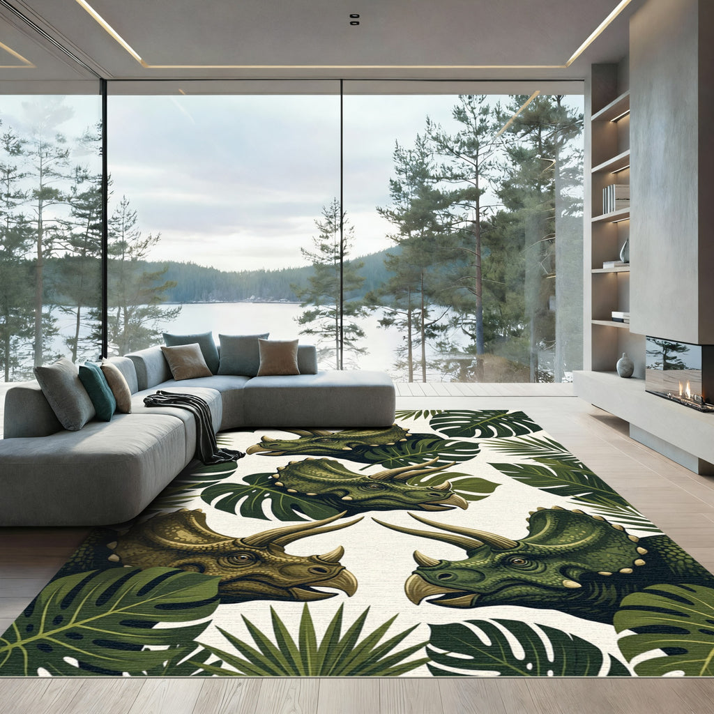 Tropical Botanical Triceratops Forest Art Rug