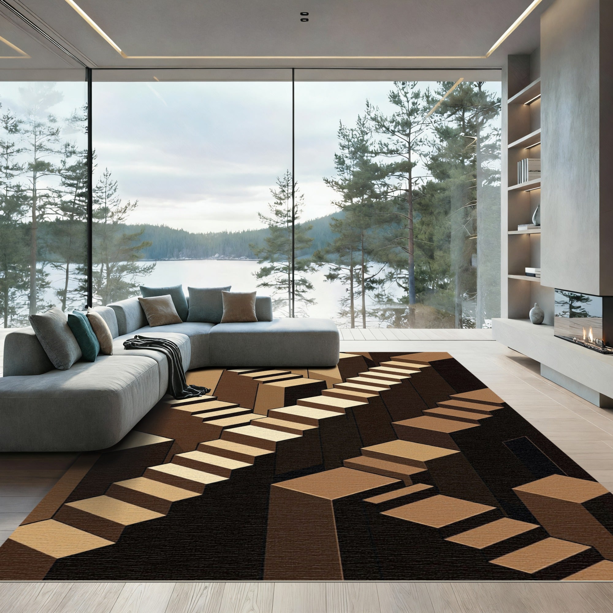 Brown Escher Staircase Illusion Rug