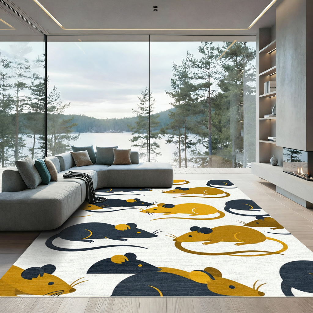 Playful Golden and Charcoal Mouse Illustration Rug