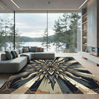 Golden Sunburst Ornate Monochrome Mandala Rug