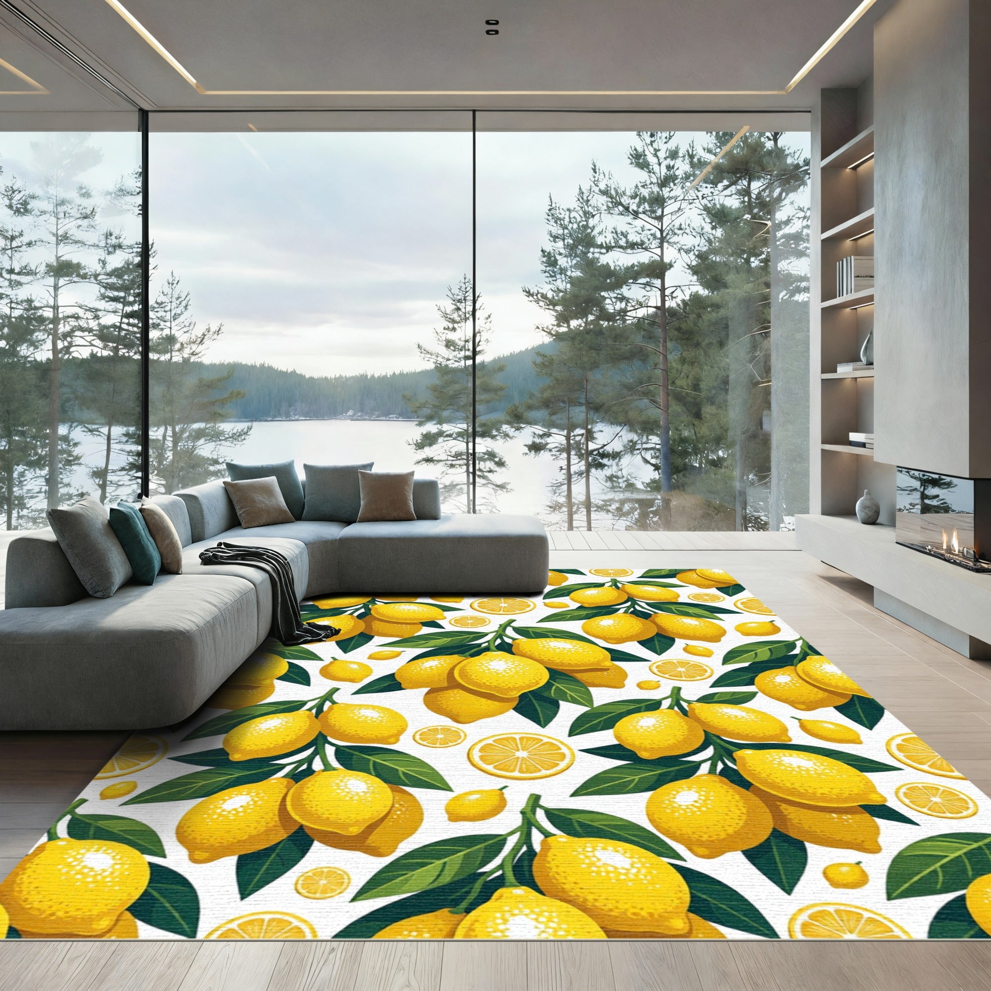 Sunny Yellow Lemon Citrus Botanical Rug