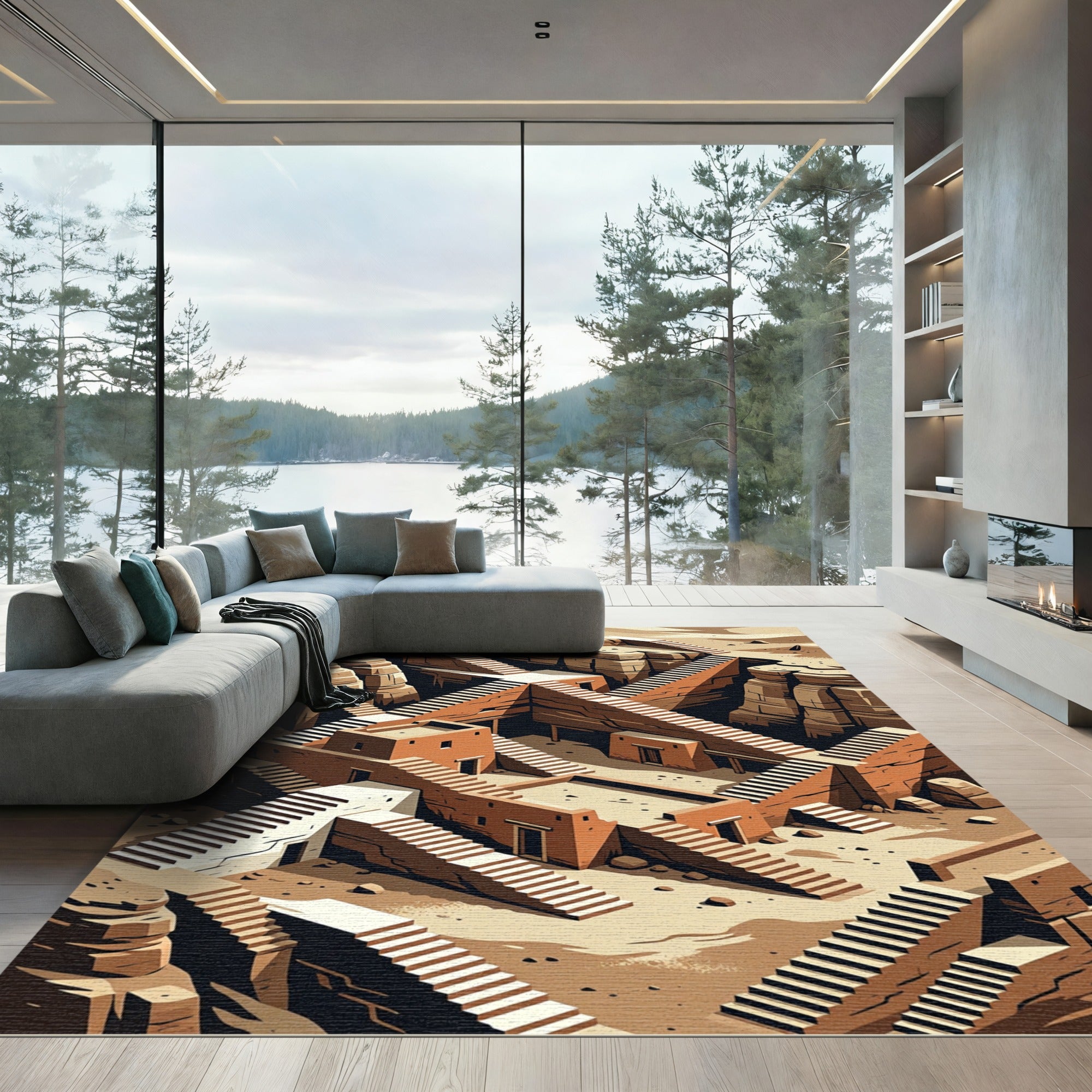 Terracotta Desert City Architectural Stairway Rug