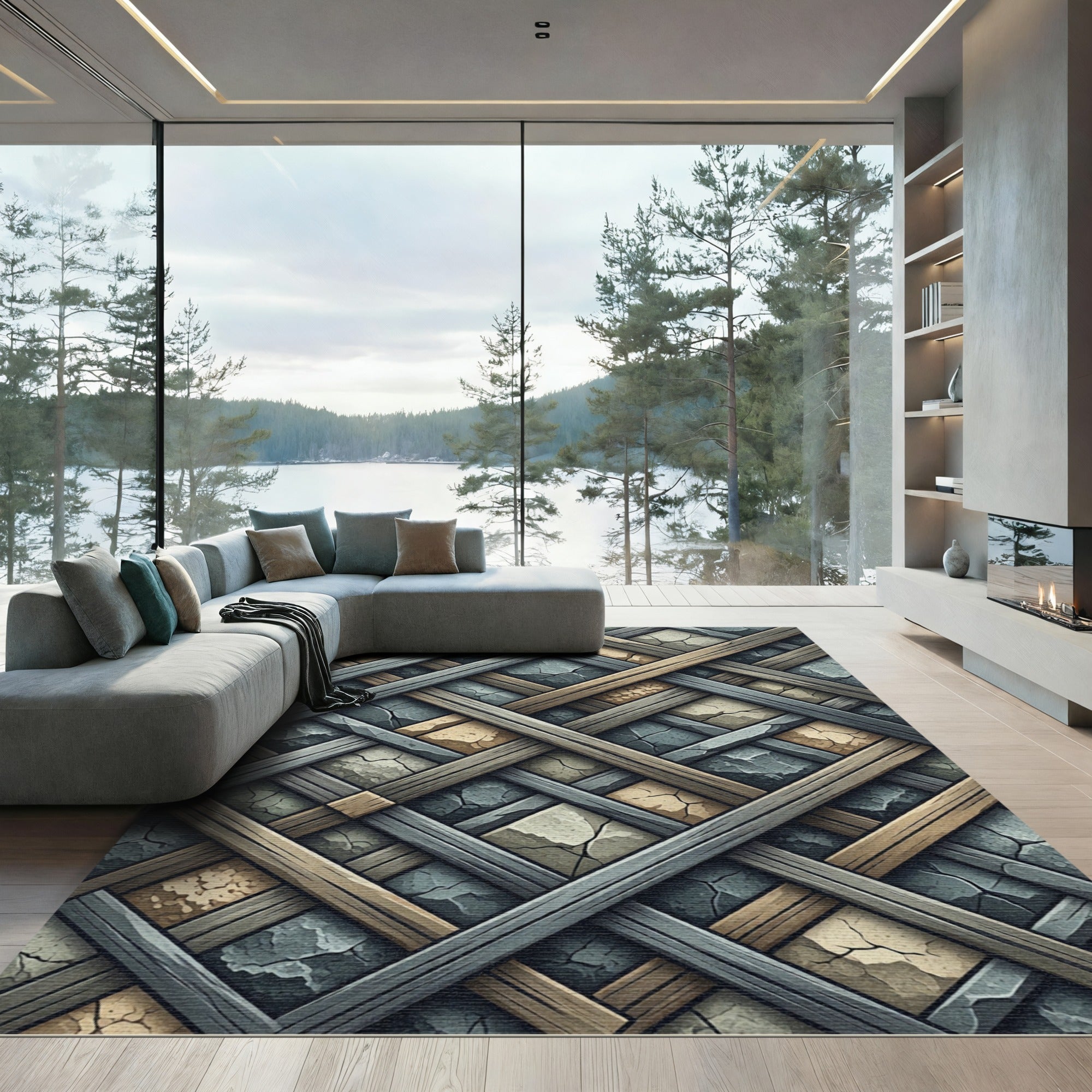 Woven Stone Gray and Golden Lattice Rug