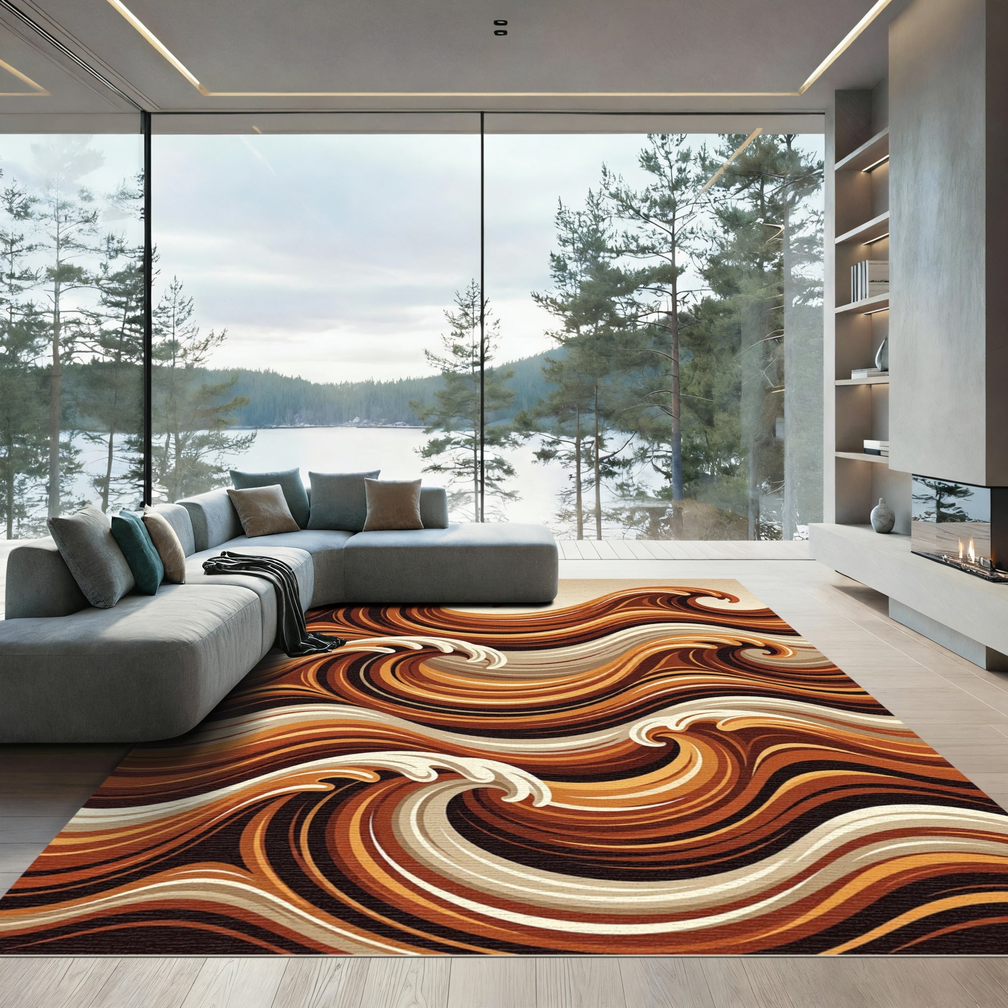Abstract Amber Swirling Ocean Wave Rug