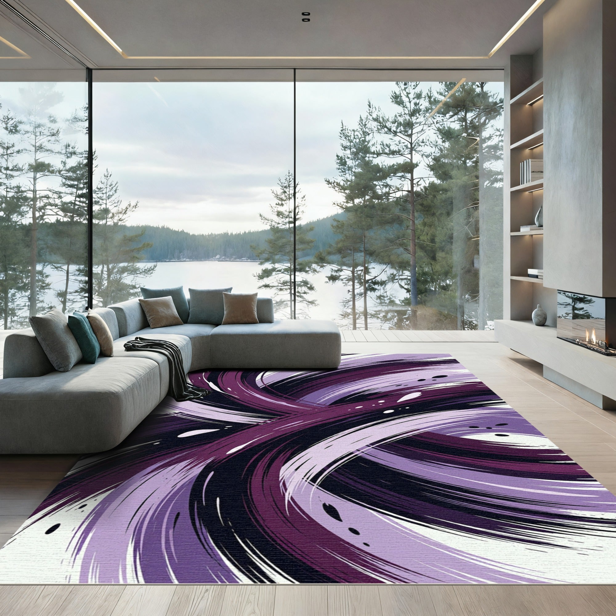 Abstract Plum and Violet Swirling Curves Rug