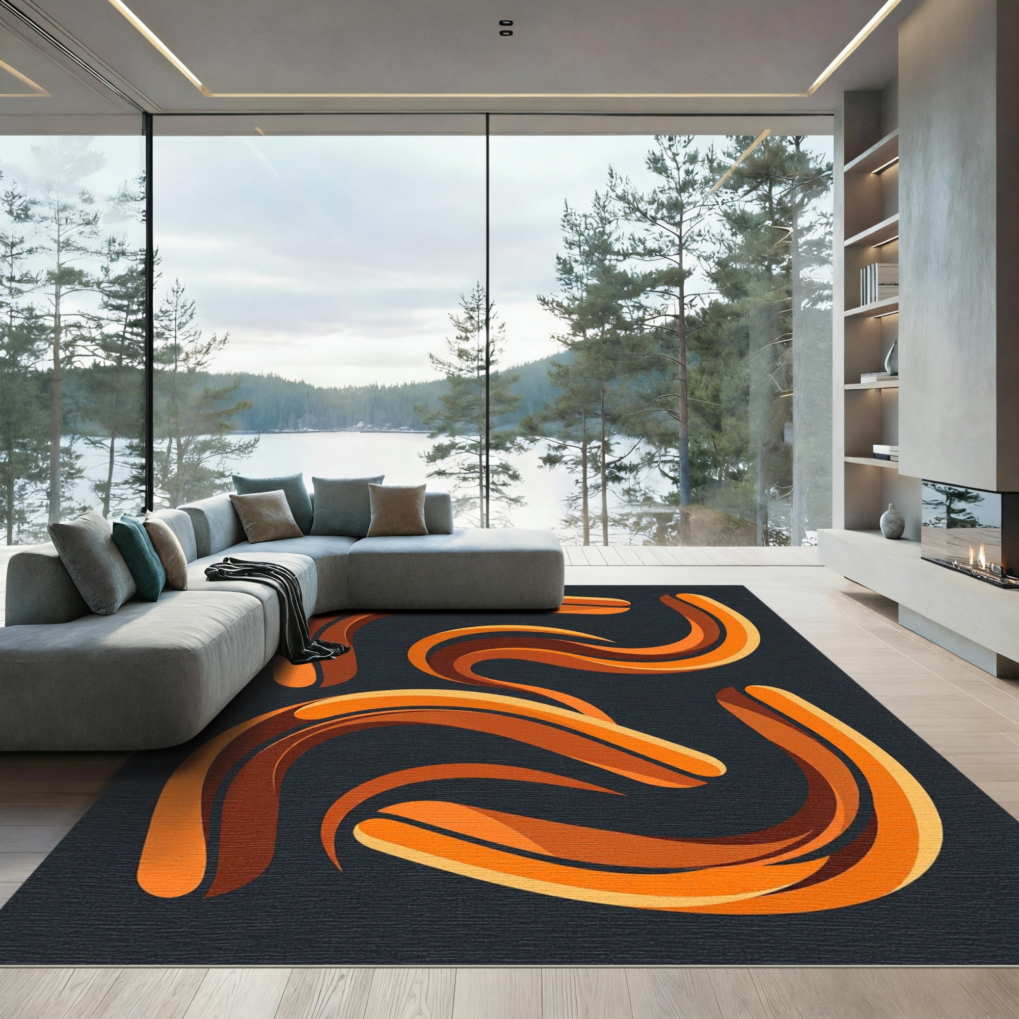 Dynamic Orange Swirl Ribbon Composition Rug