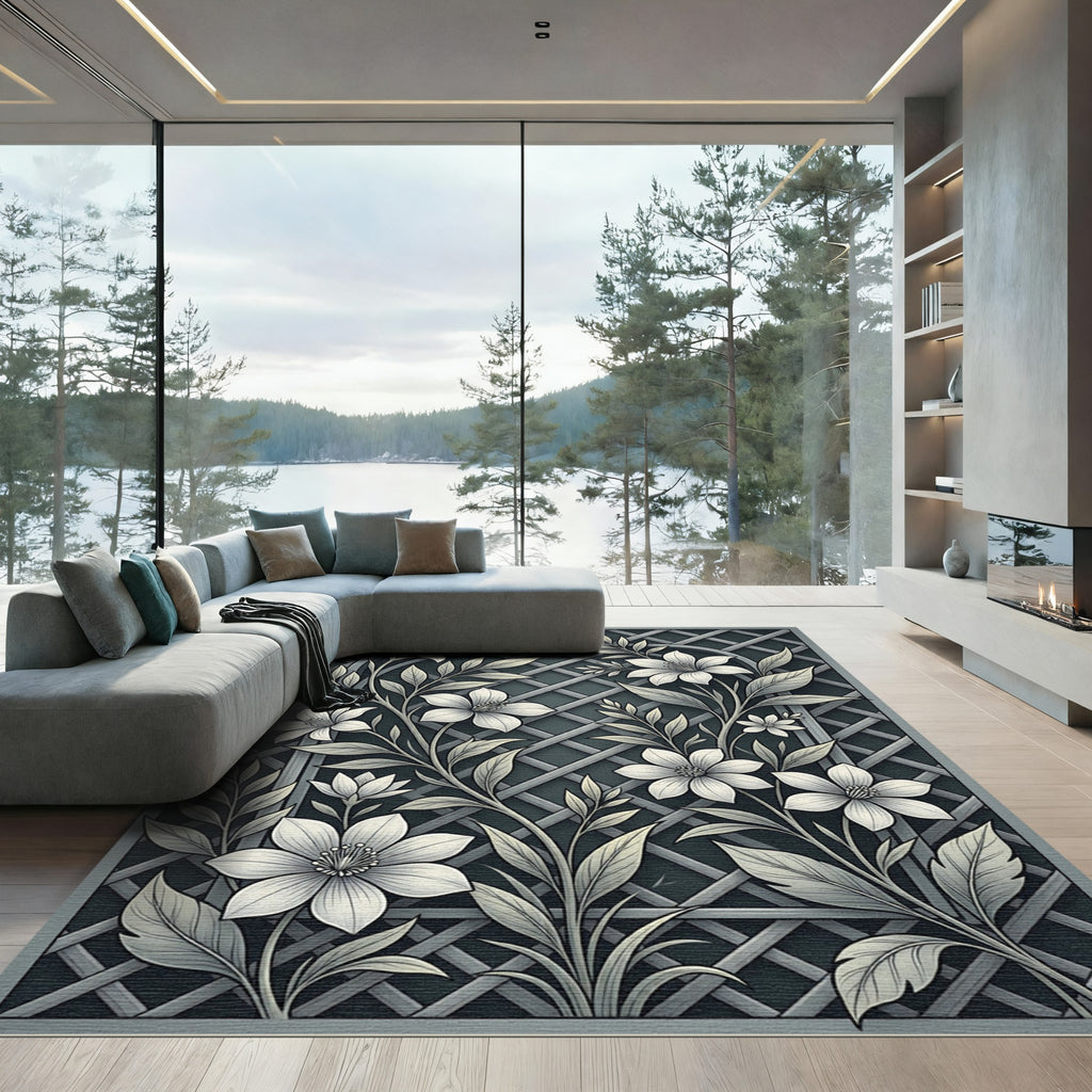 Monochromatic Floral Trellis Garden Rug