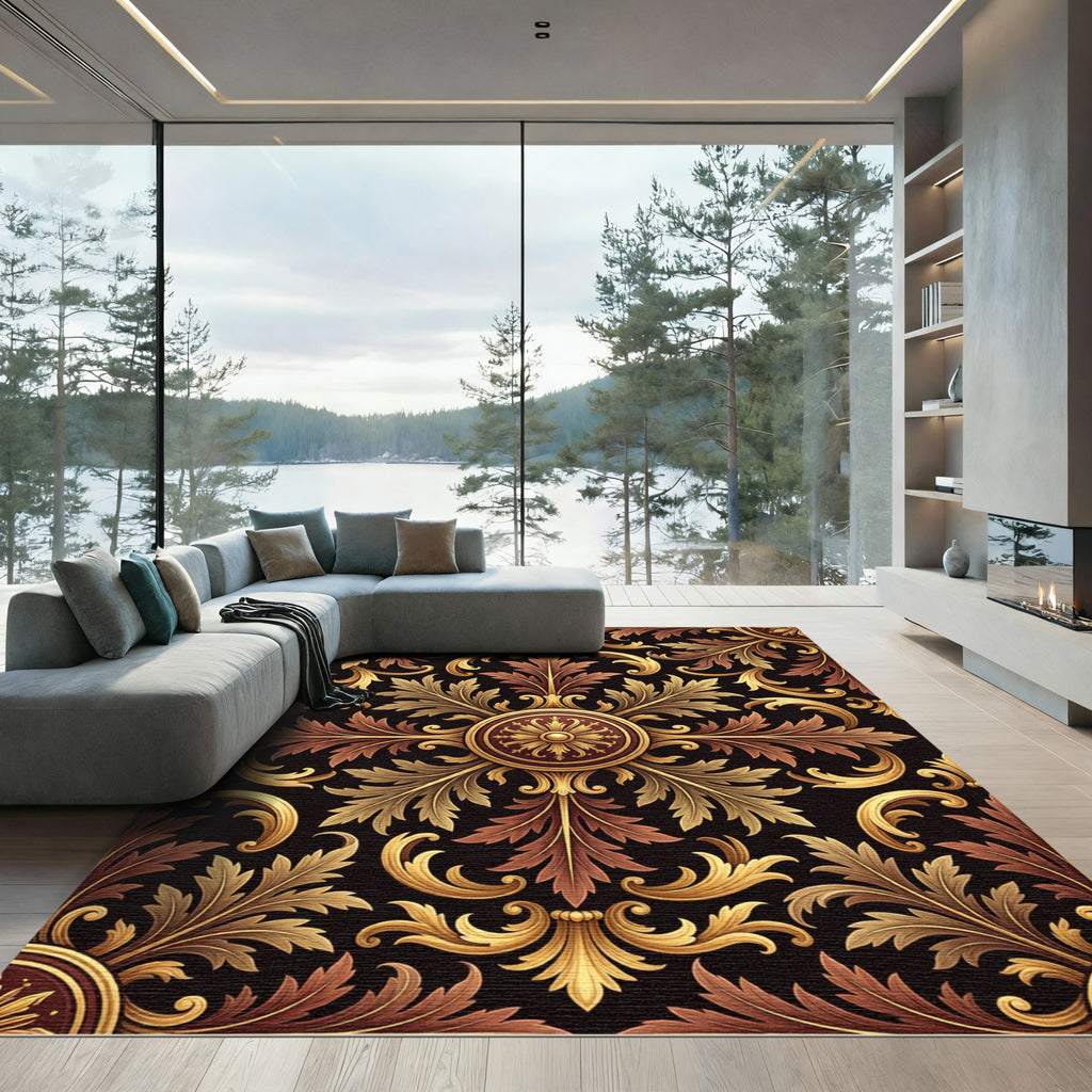 Ornate Gold Crimson Damask Rug