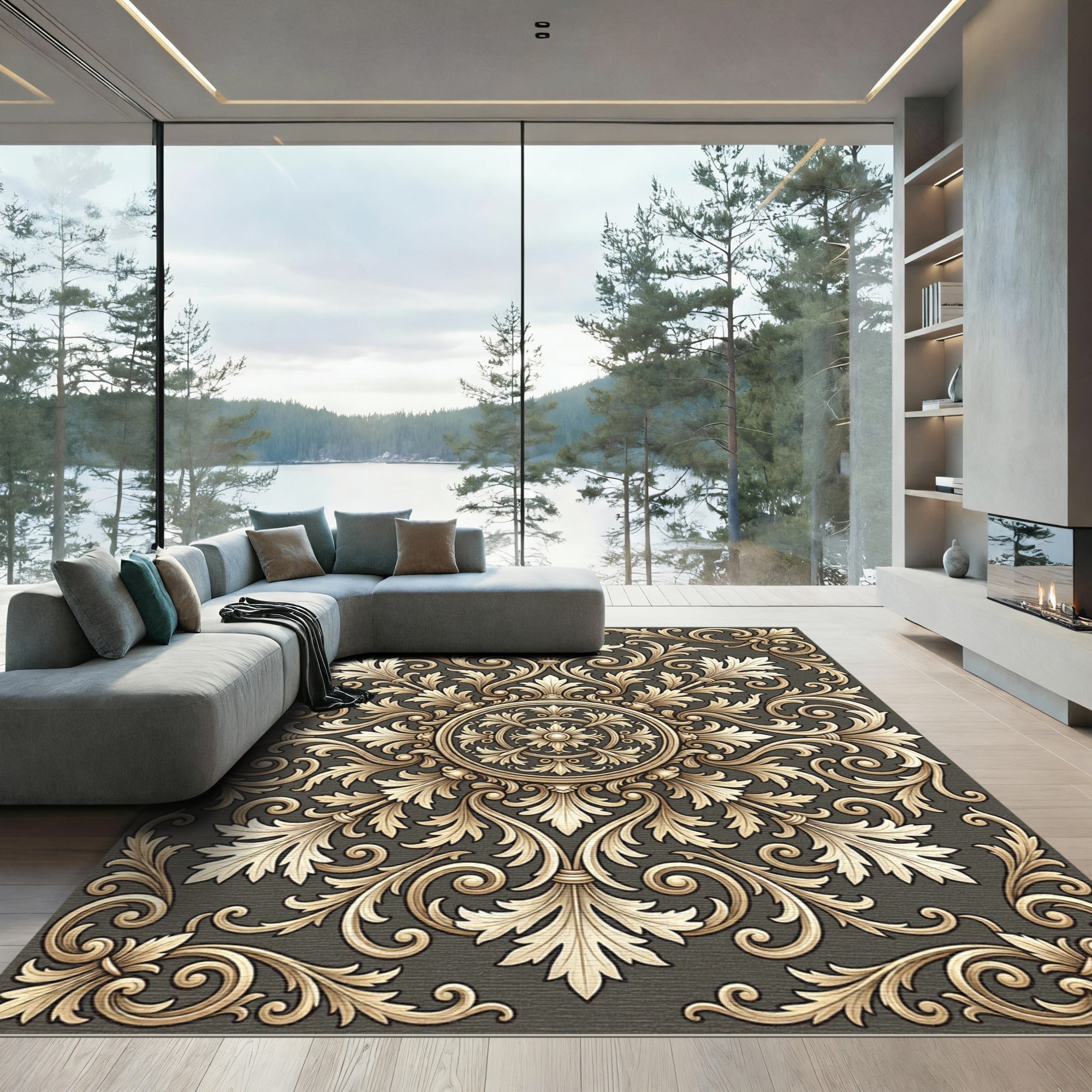 Ornate Gold Damask Floral Medallion Rug