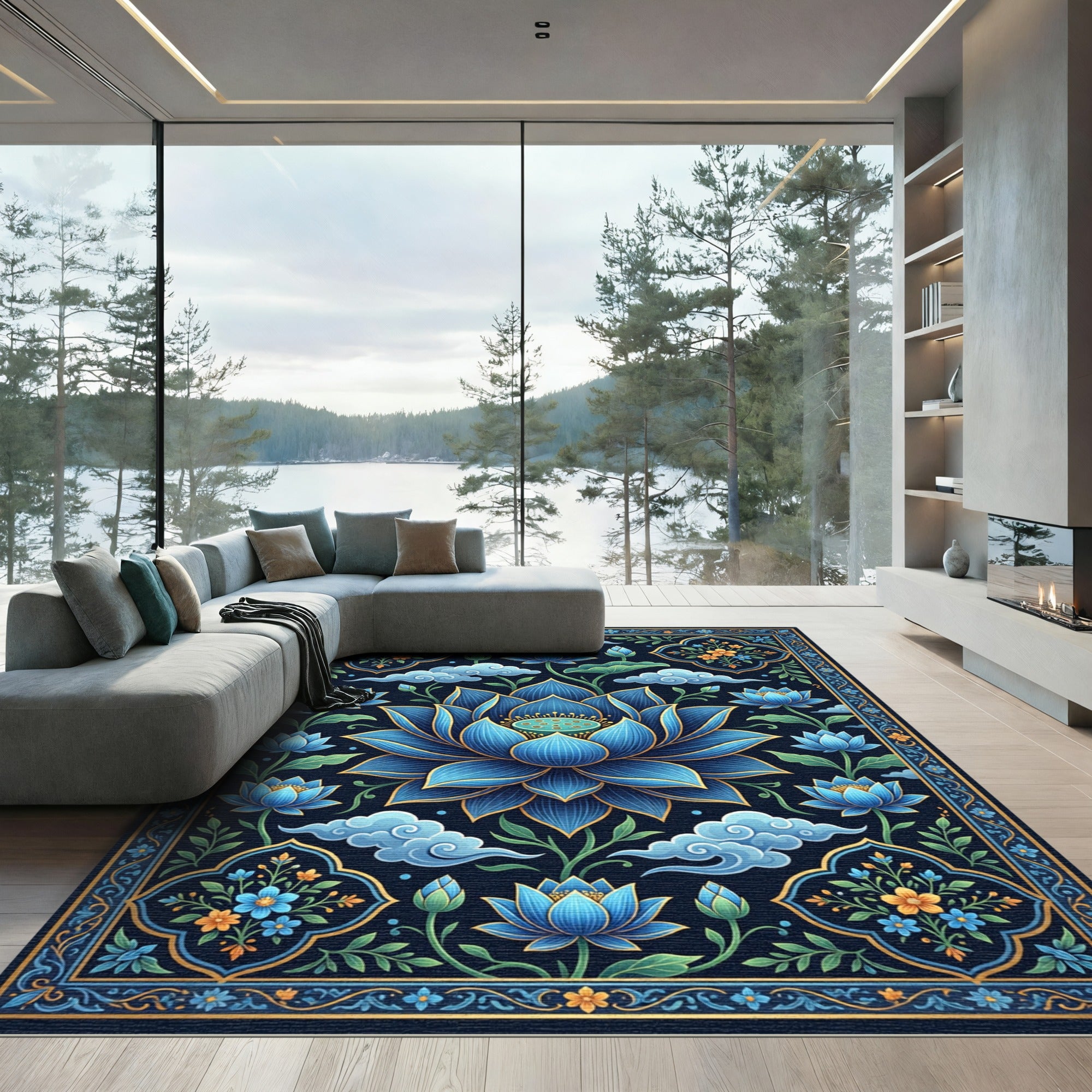 Deep Blue Lotus Blossom Garden Rug