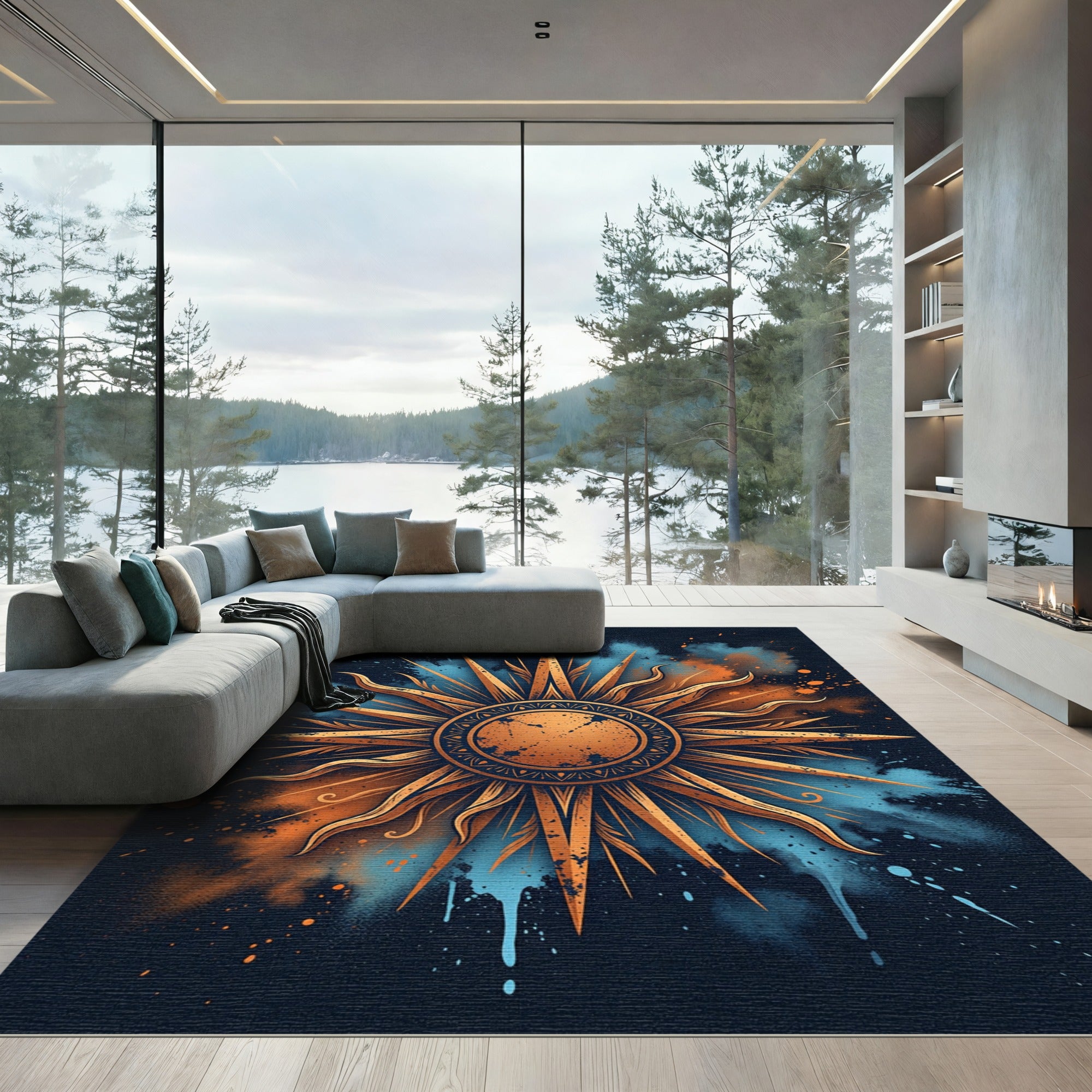 Celestial Copper Sunburst Navy Abstract Rug