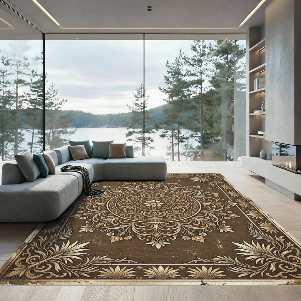 Ornate Dark Chocolate Floral Medallion Rug